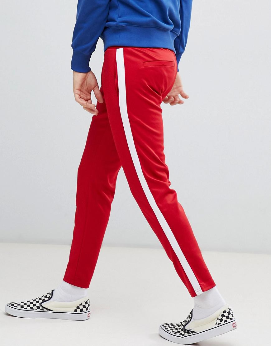 Bershka Denim Casual Trousers In Red With White Side Stripe for Men | Lyst