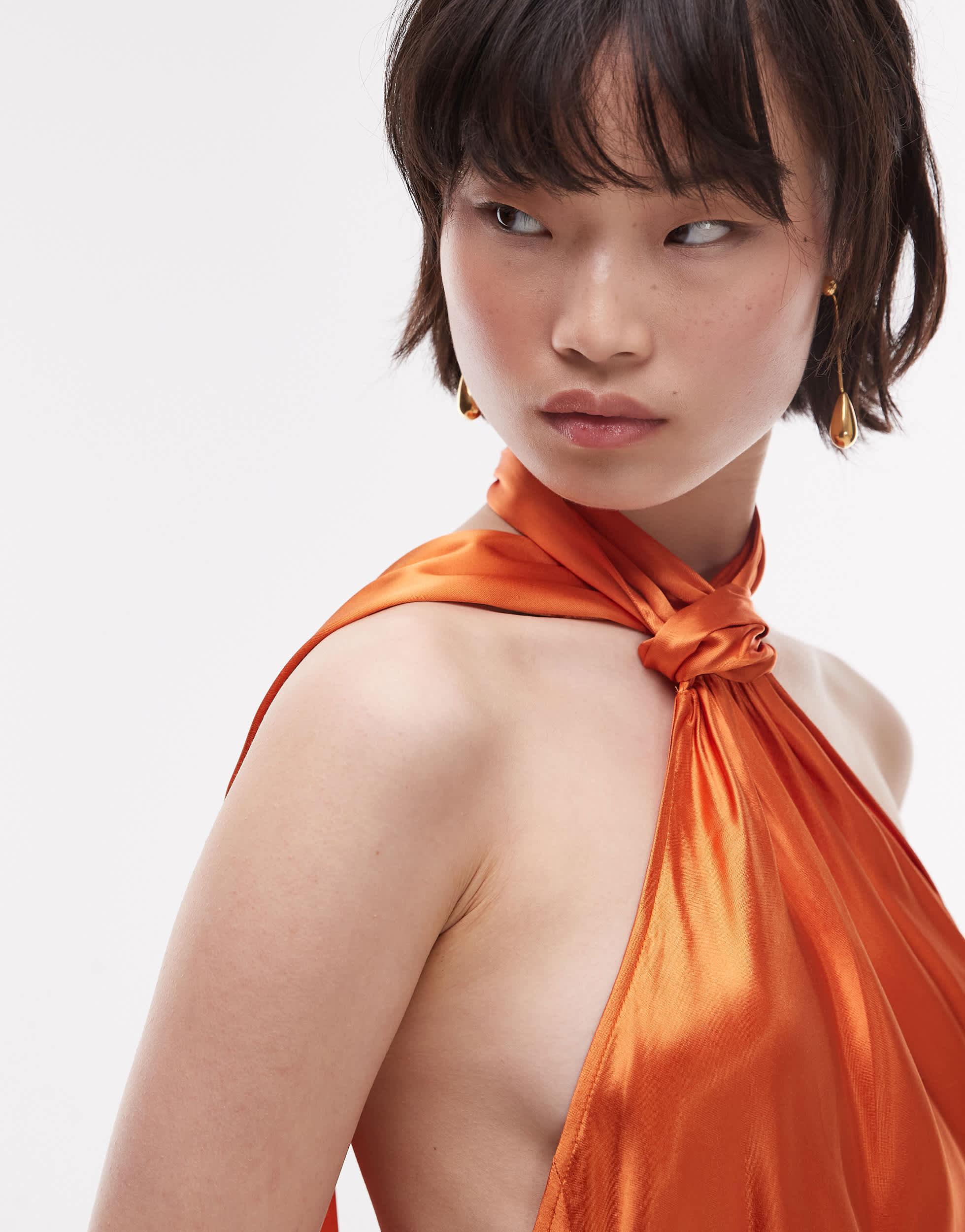 TOPSHOP Tie Neck Halter Mini Dress Satin in Orange | Lyst