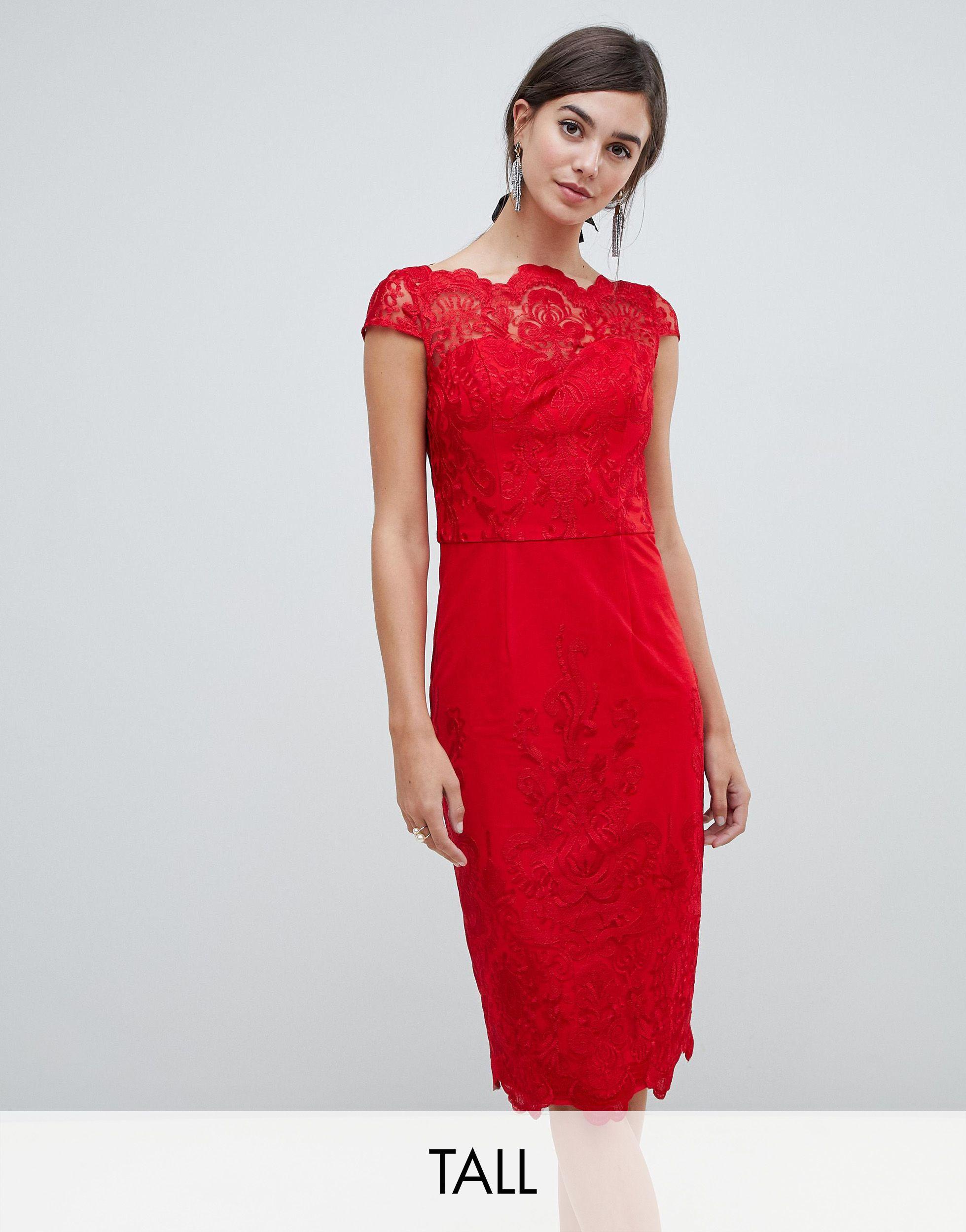 chi chi london tall bardot lace midi dress in blush pink