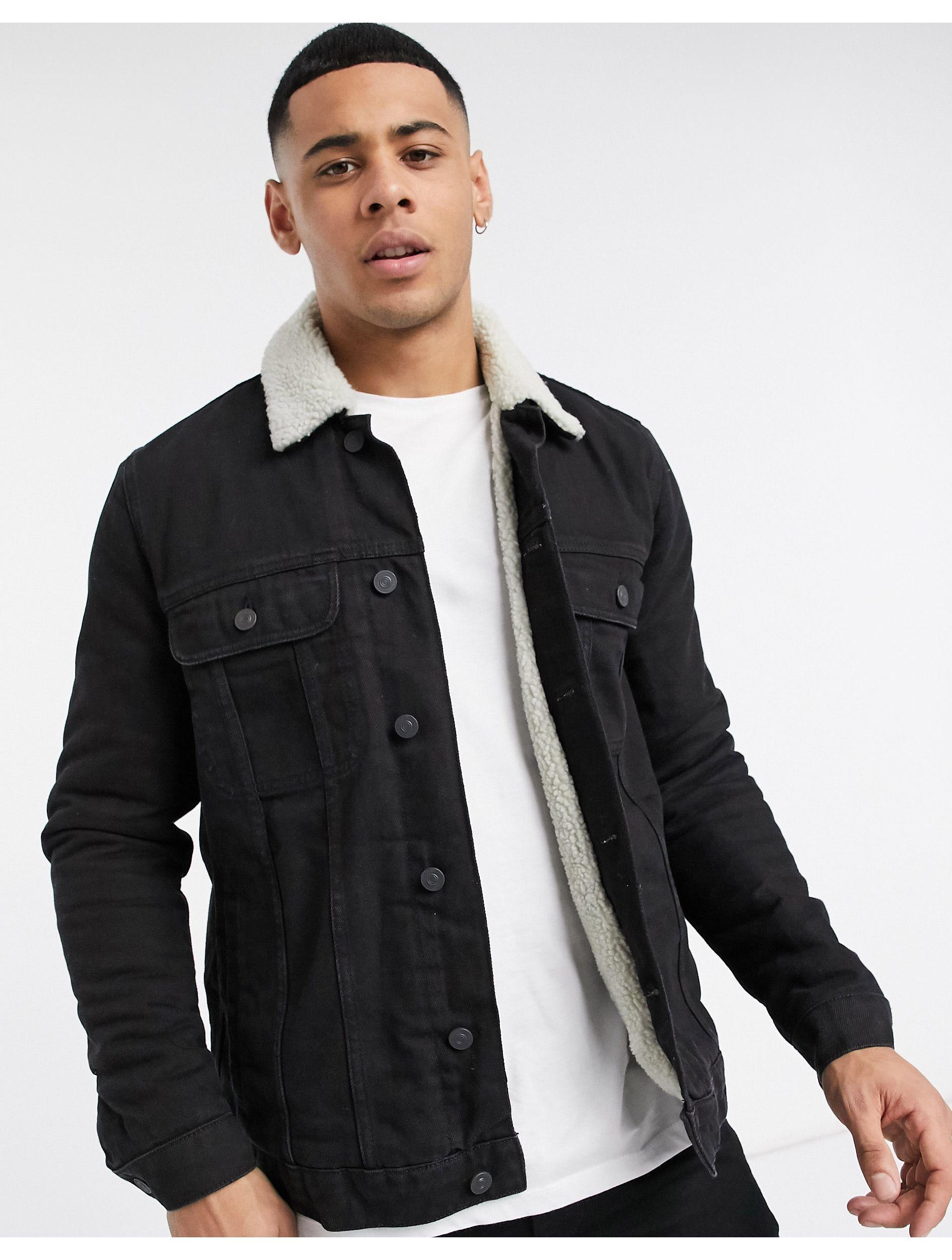 ASOS Denim Jacket With Ecru Borg Lining in Black for Men - Lyst