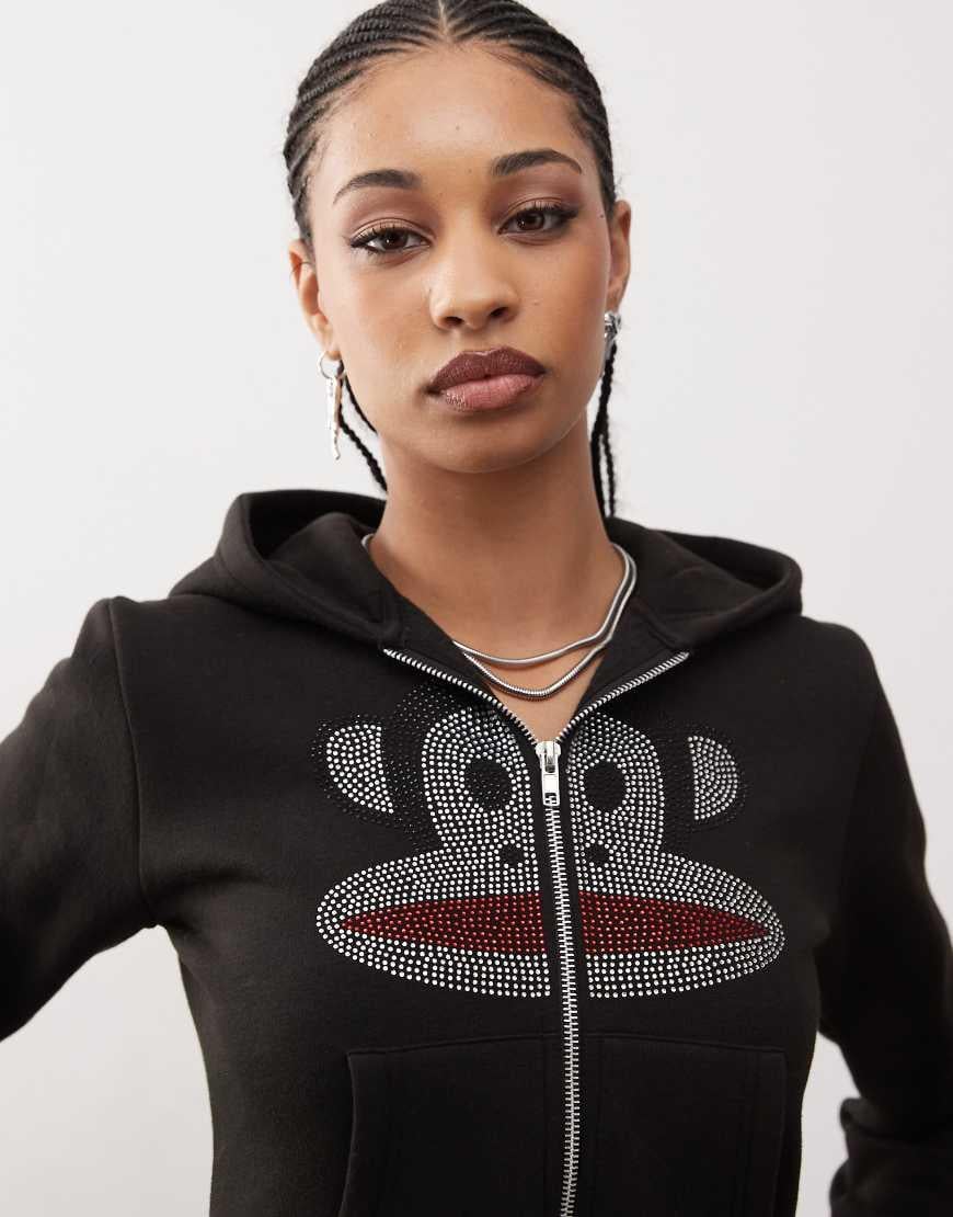 Daisy Street X Paul Frank Rhinestone Graphic Zip Through Hoodie in
