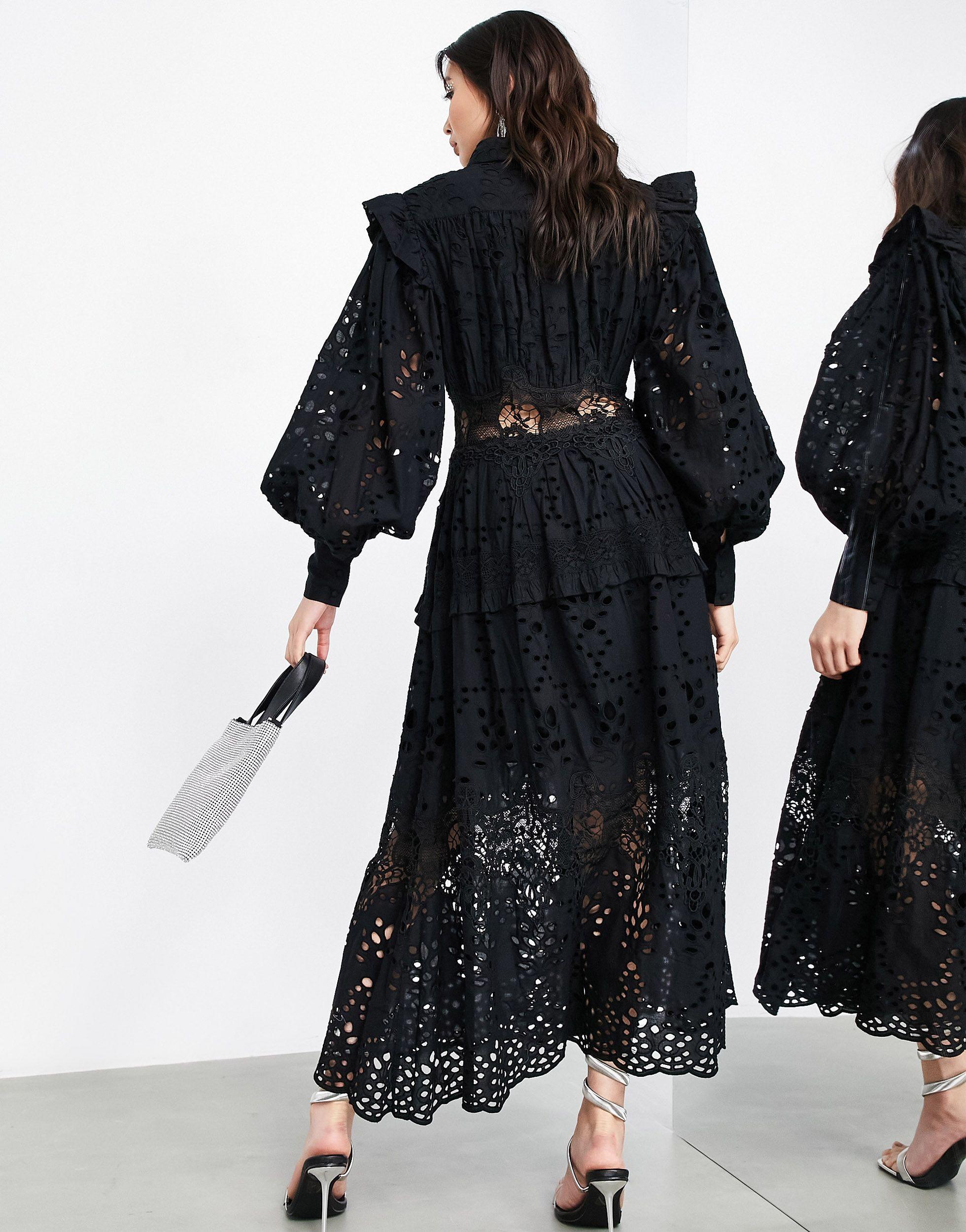 ASOS Lace Broderie Shirt Dress in Black ...