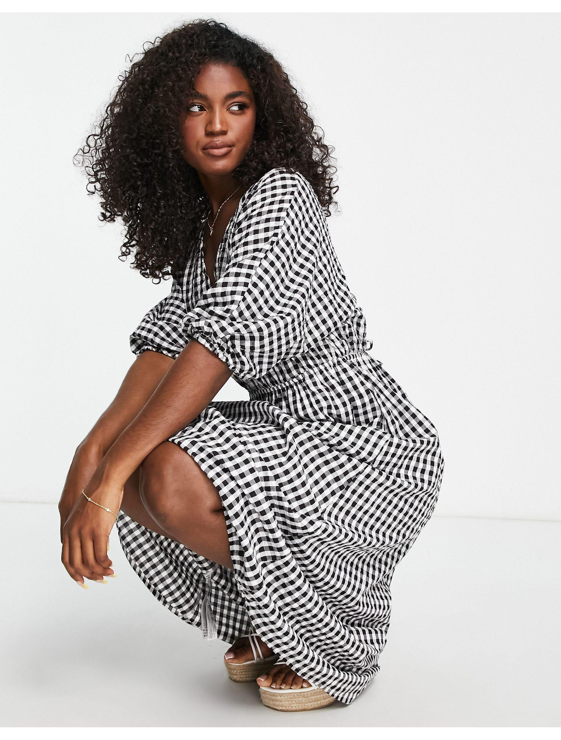 Mangas Abullonadas Vestidos Cuadro Vichy Vestido Midi A Cuadros