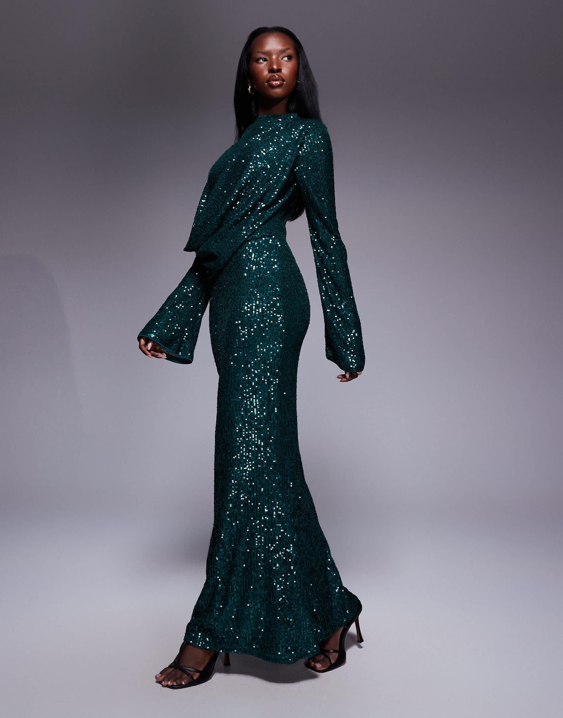 ASOS All Over Sequin Long Sleeve Wrap Front Detail Maxi Dress in Blue