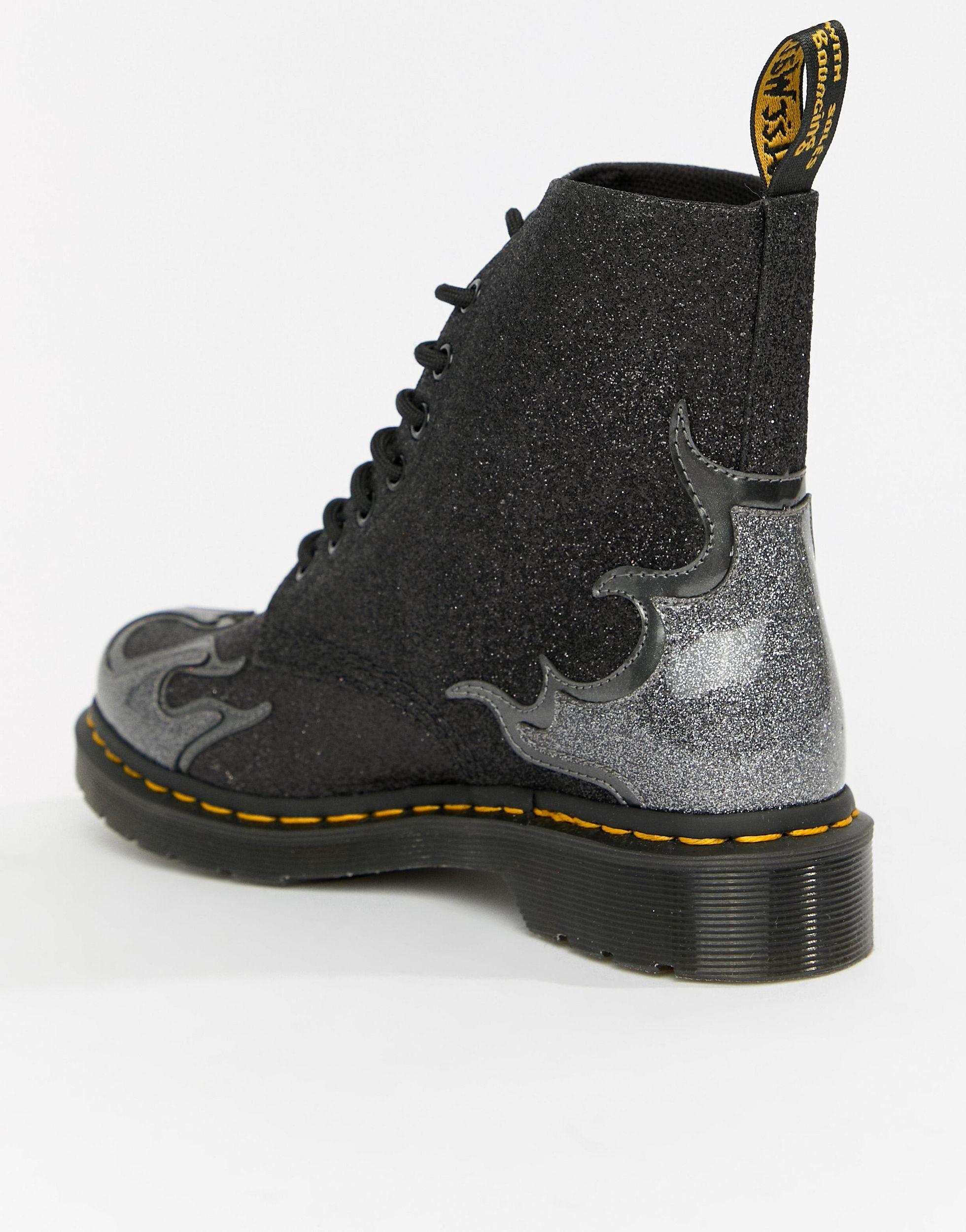 Dr. Martens 1460 Pascal Black Glitter Flame Flat Ankle Boots in Red | Lyst