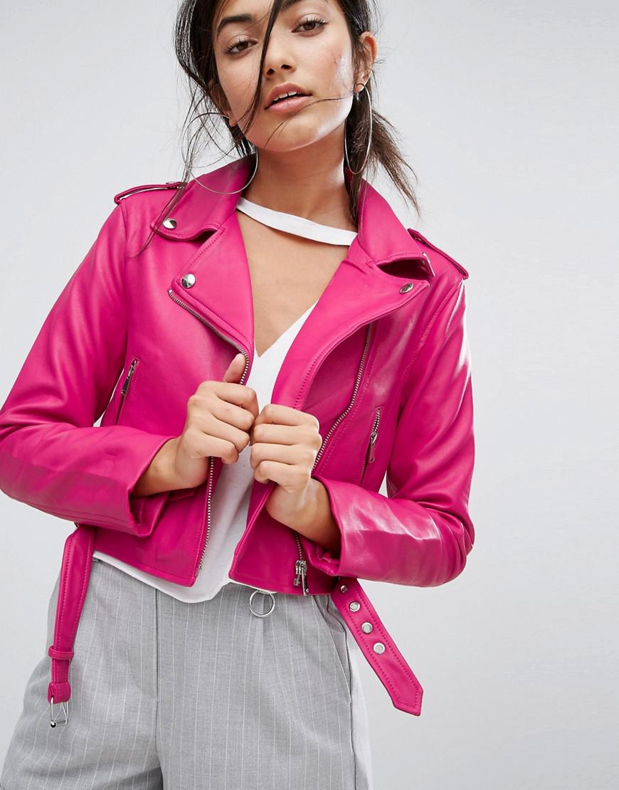 Bershka Leather Look Biker Jacket in Pink | Lyst
