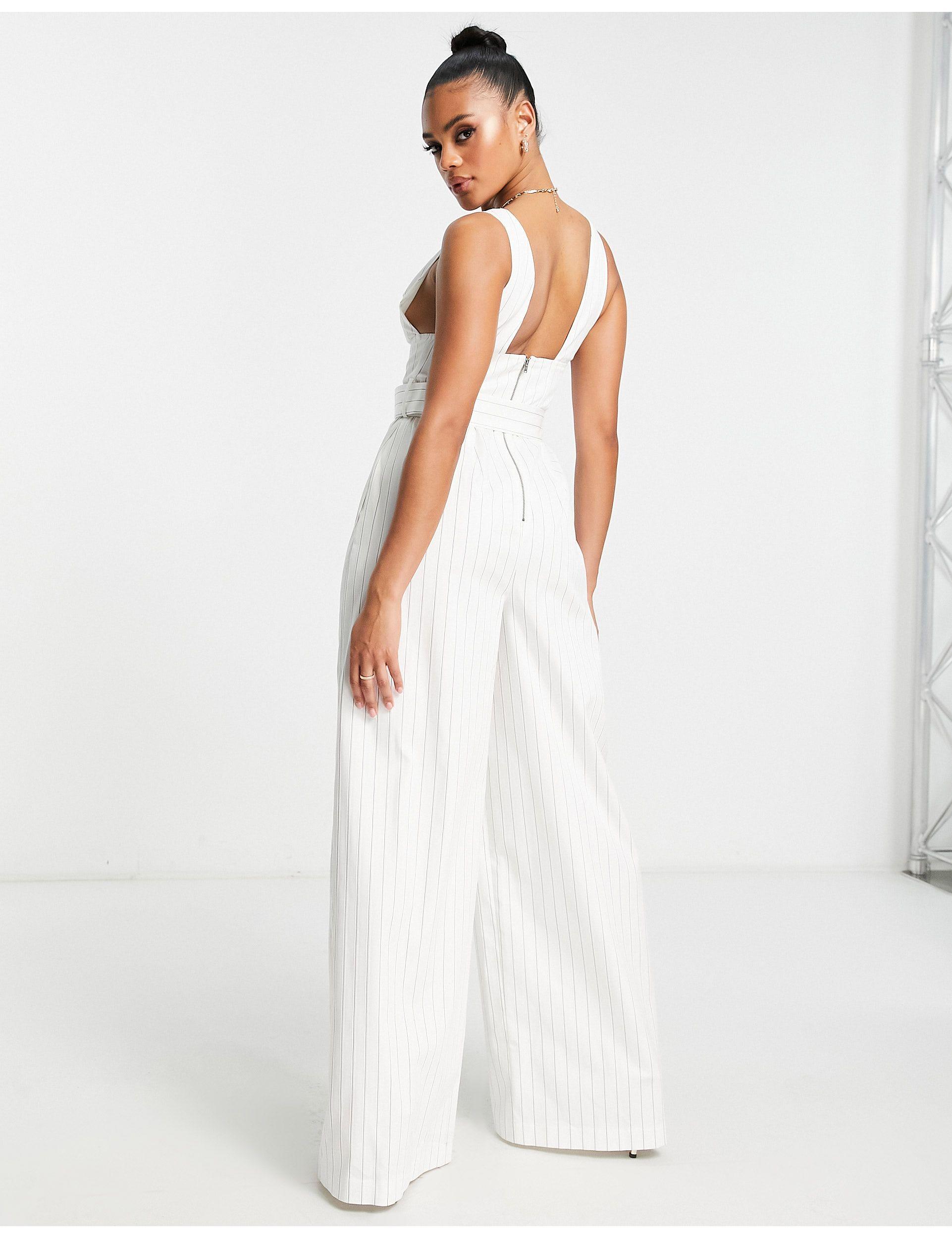 ASOS Structured Plunge Wide Leg Jumpsuit With Belt in White | Lyst