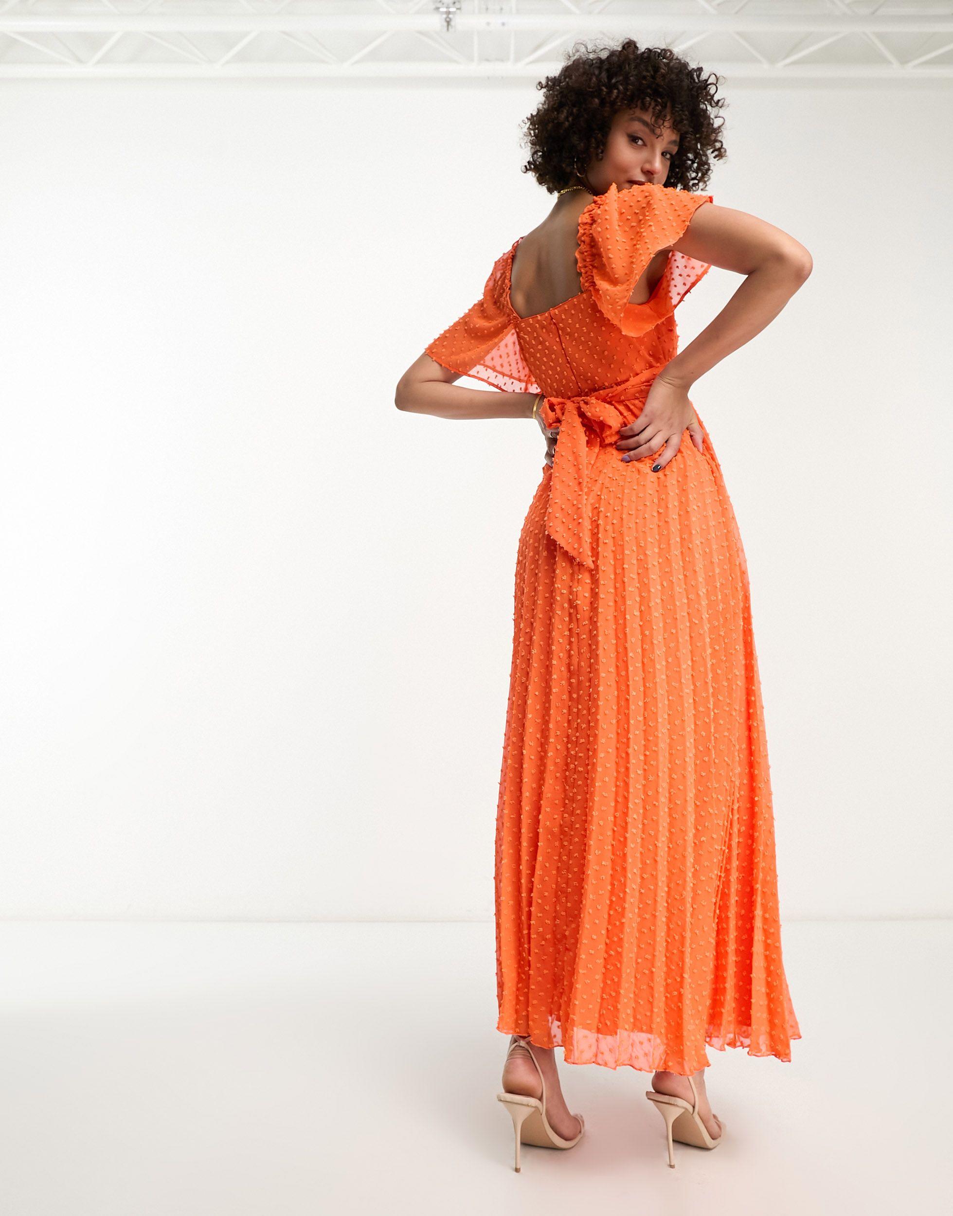 ASOS Asos Design Tall Tie Front Angel Sleeve Textured Midi Dress in Orange  | Lyst