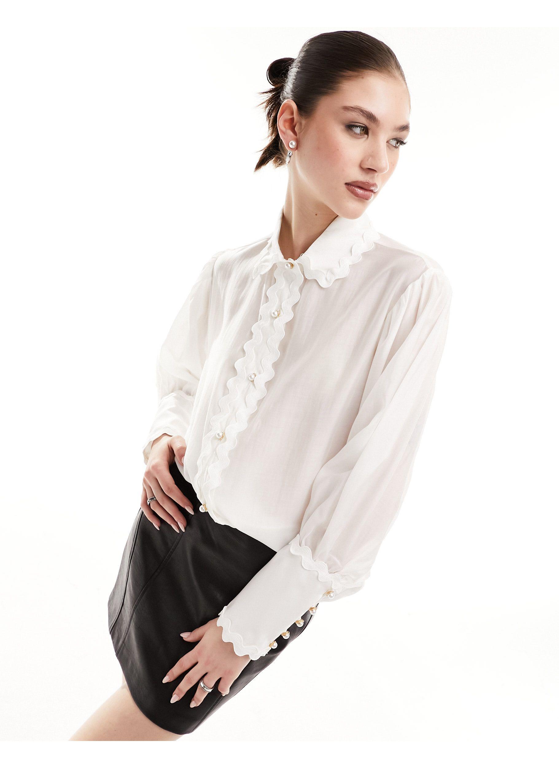Sister Jane Pearl Button Scallop Blouse in White | Lyst UK