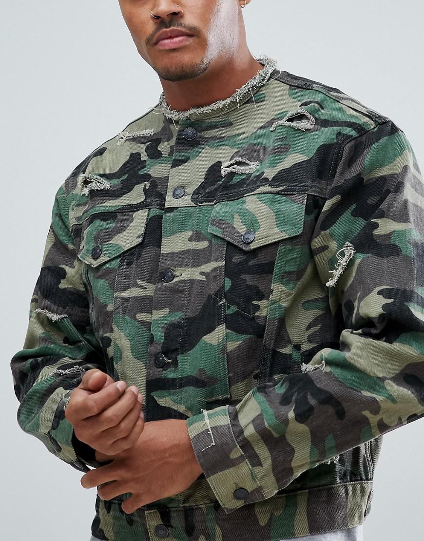 SIKSILK Collarless Muscle Denim Jacket In Camo With Distressing in