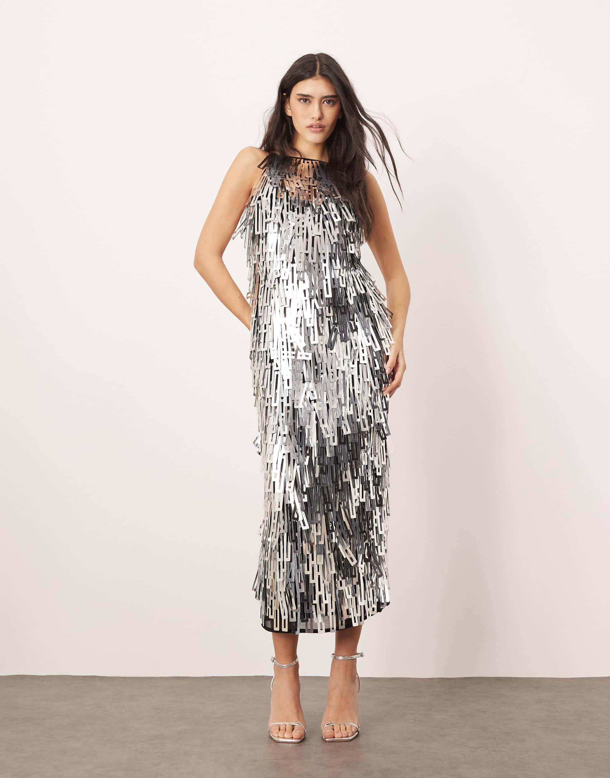 shard sequin dress ARRANGE Geo Shard Sequin Low Back Column Midi Dress in Natural
