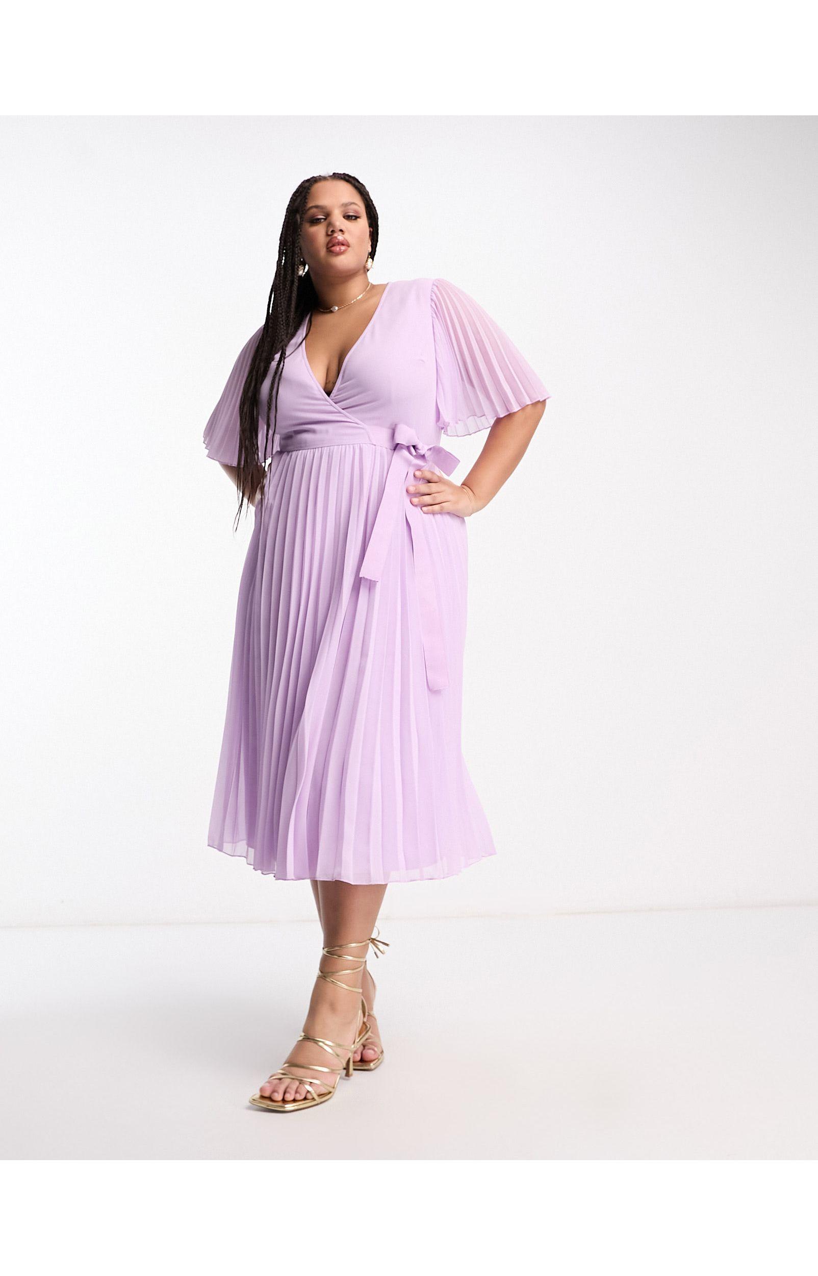 ASOS Asos Design Curve Exclusive Pleated Midi Dress With Kimono Sleeve And  Tie Waist in Pink | Lyst