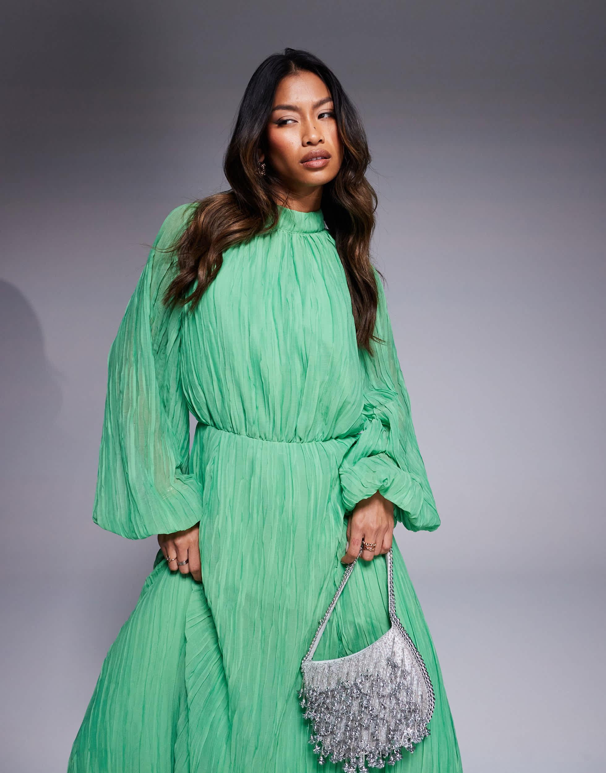 ASOS Crinkle Pleat Blouson Sleeve High Neck Maxi Dress in Green | Lyst