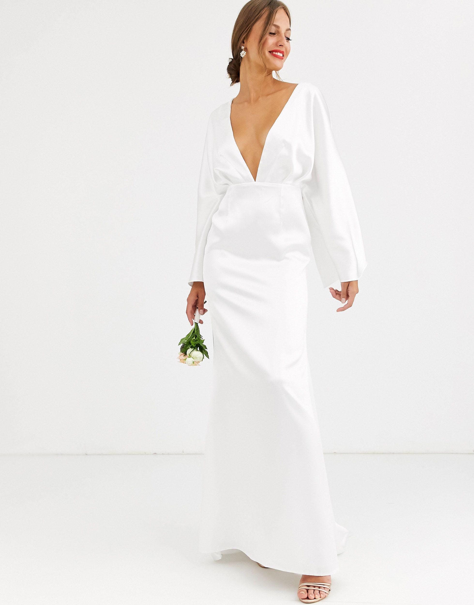 ASOS Satin Kimono Sleeve Wedding Dress in White - Lyst