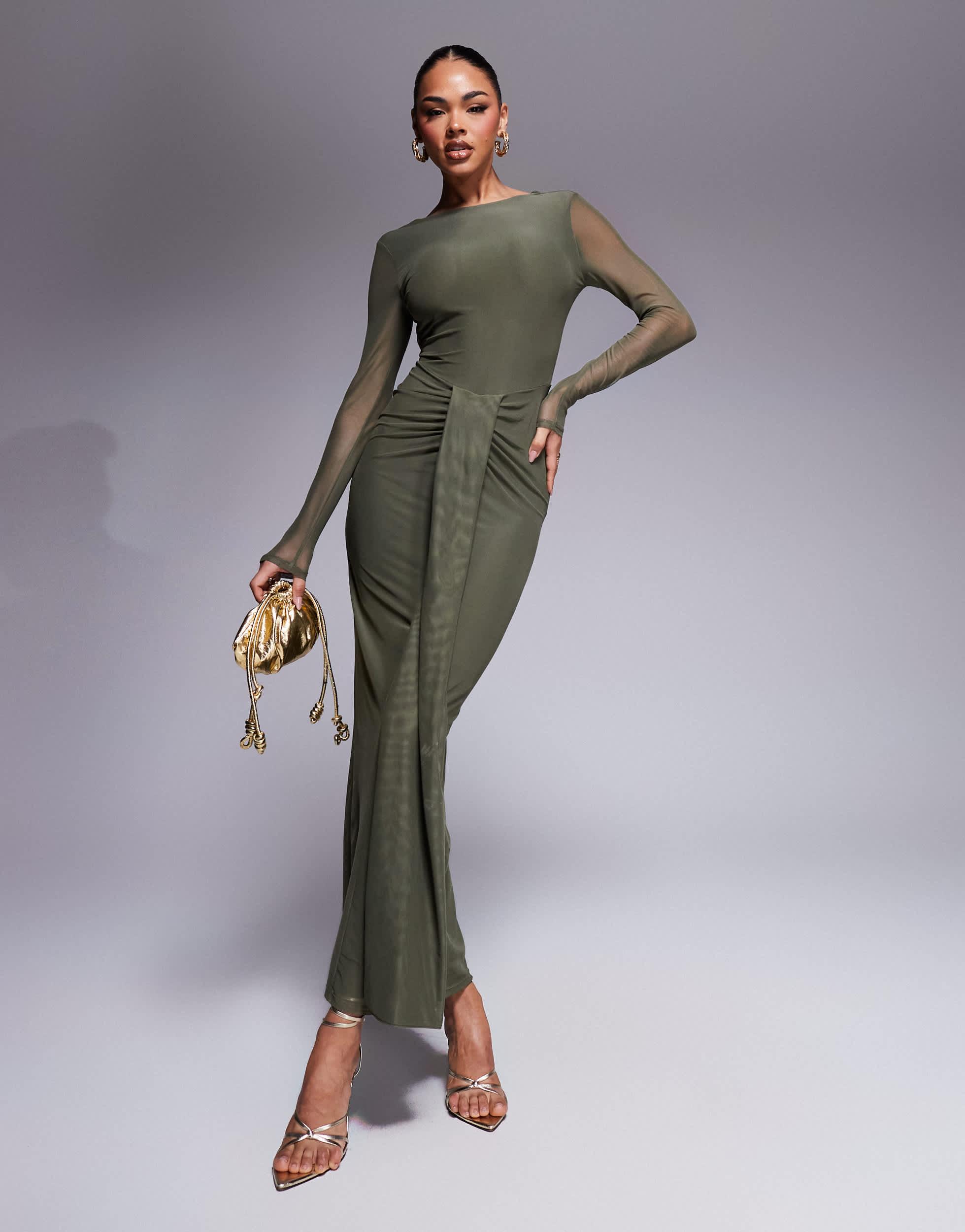 ASOS Mesh Long Sleeve Slash Neck Open Back Maxi Dress With Sash in Green | Lyst ASOS Mesh Long Sleeve Slash Neck Open Back Maxi Dress With Sash in Green | Lyst