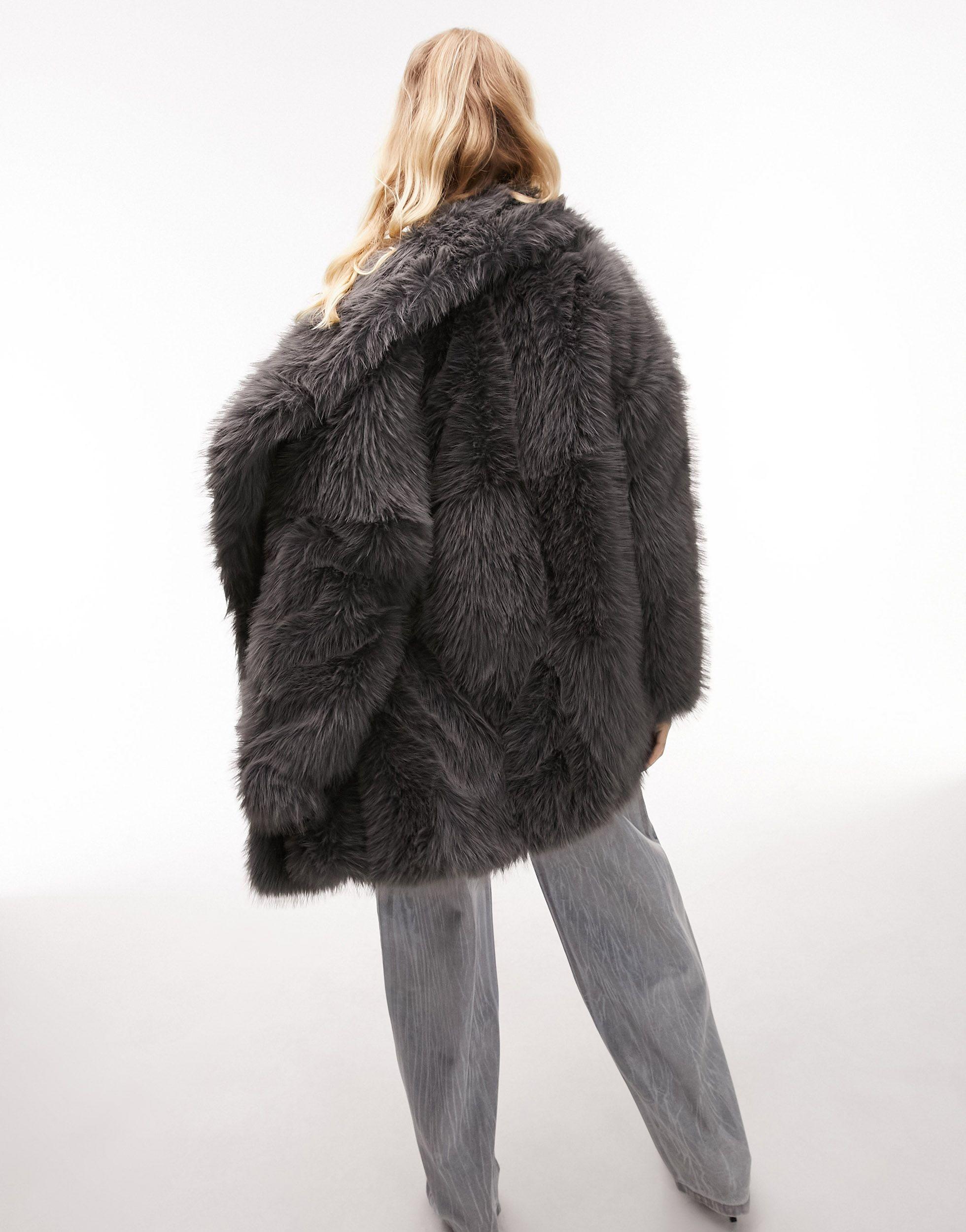 TOPSHOP Mid Length Faux Fur Coat in Black | Lyst