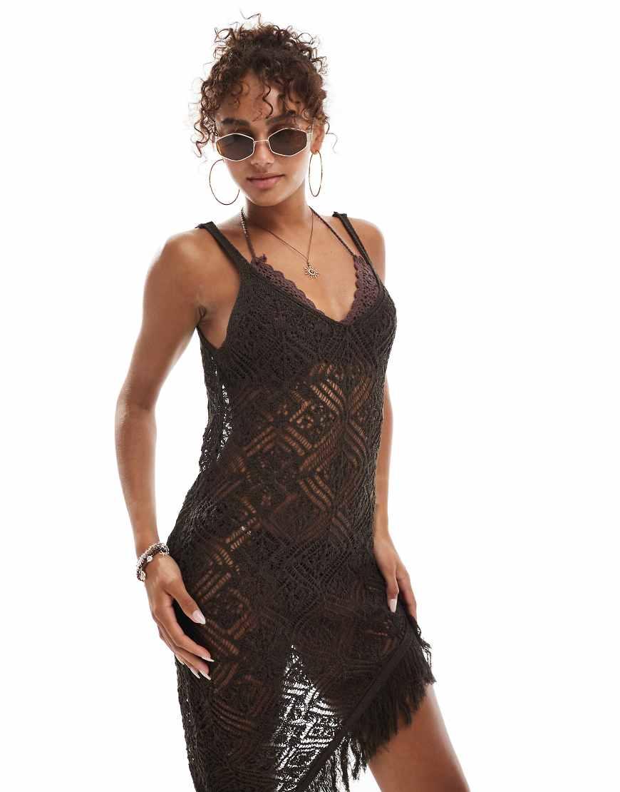 Miss Selfridge Knit Crochet Asymmetric Fringed Beach Midi Dress in