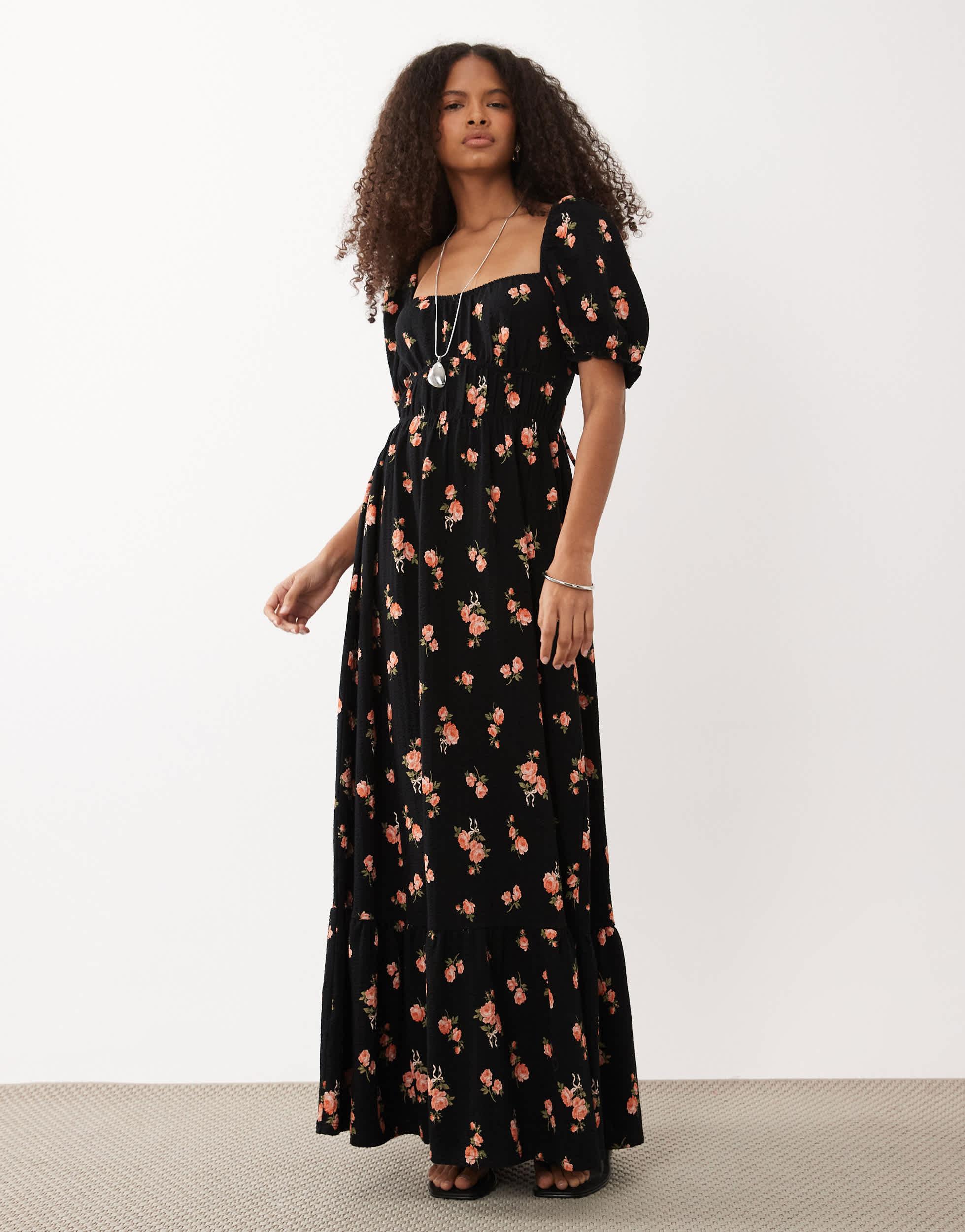 knee length dresses for ladies Rent ASOS DESIGN Tall Satin Milkmaid Lace Trim Maxi Dress With Strappy Back  In Gold main image 0