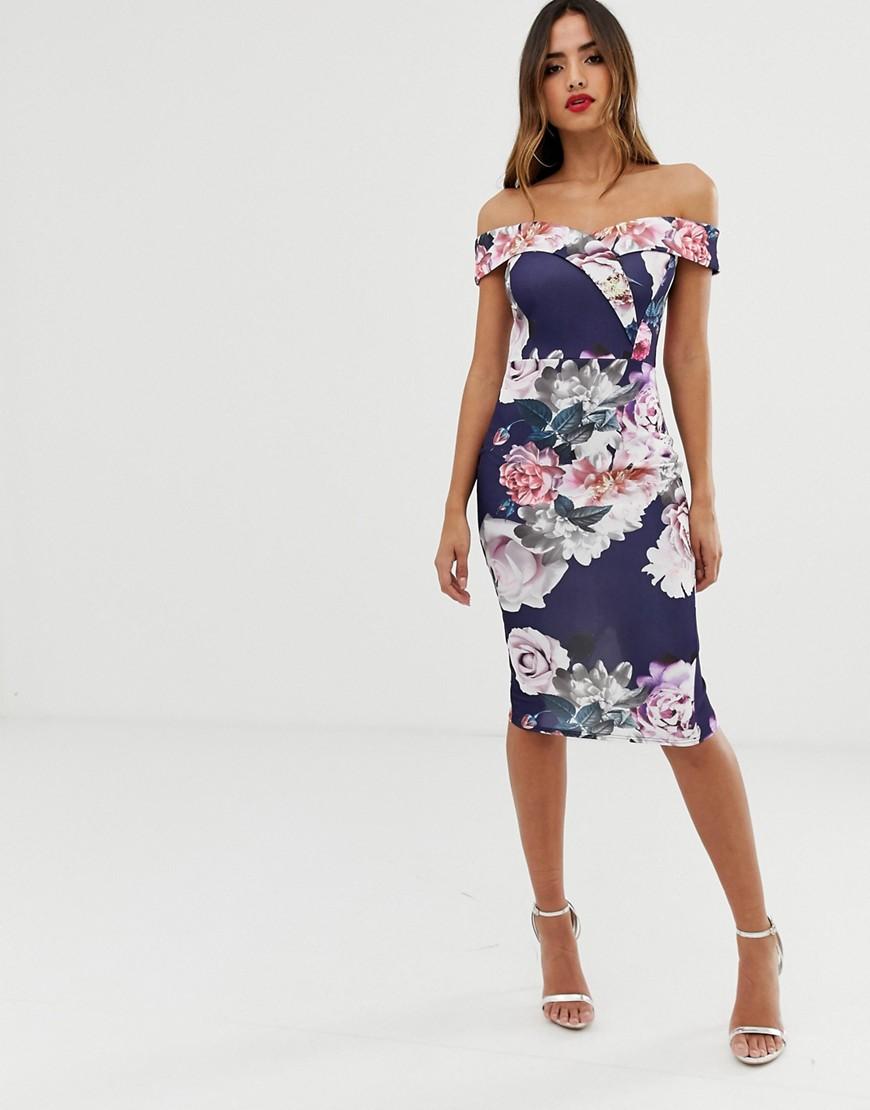 Lipsy Synthetic Bardot Midi Dress In Floral Print In Navy in Blue - Lyst