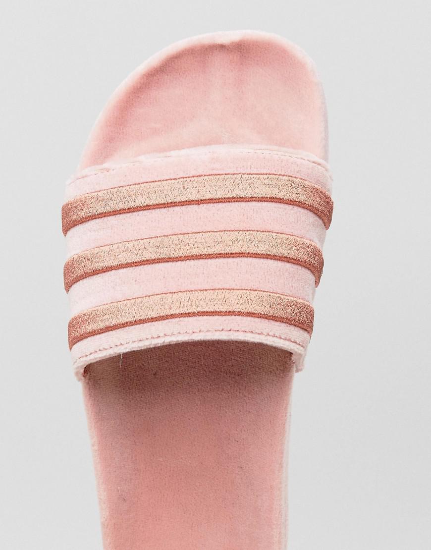 pink velvet adidas slides