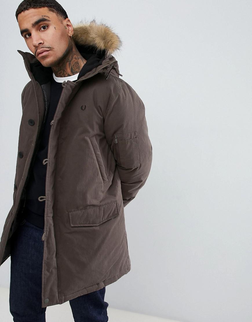 Fred Perry Canvas Padded Down Snorkel Parka Jacket With Faux Fur Trim In  Dark Green for Men - Lyst