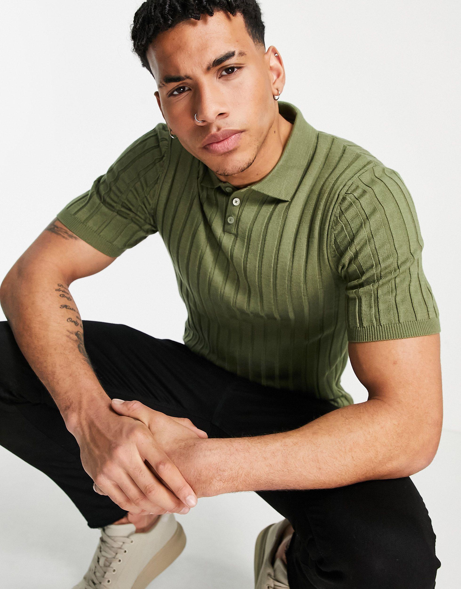 ASOS Knitted Ribbed Polo Neck T-shirt Khaki in Green for Men | Lyst