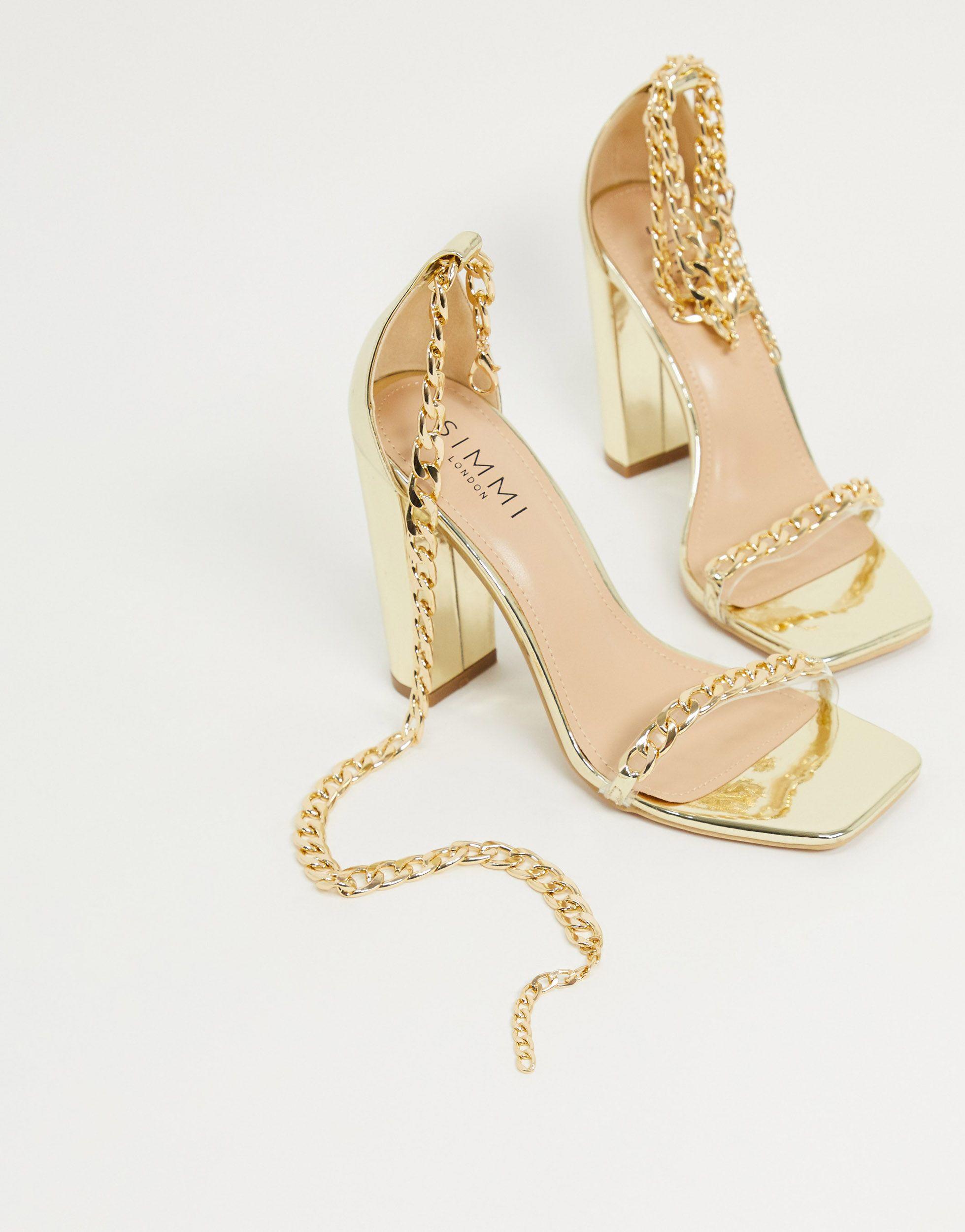 SIMMI Shoes Simmi London Arika Block Heeled Sandals With Chain Anklet in Gold (Metallic) - Lyst