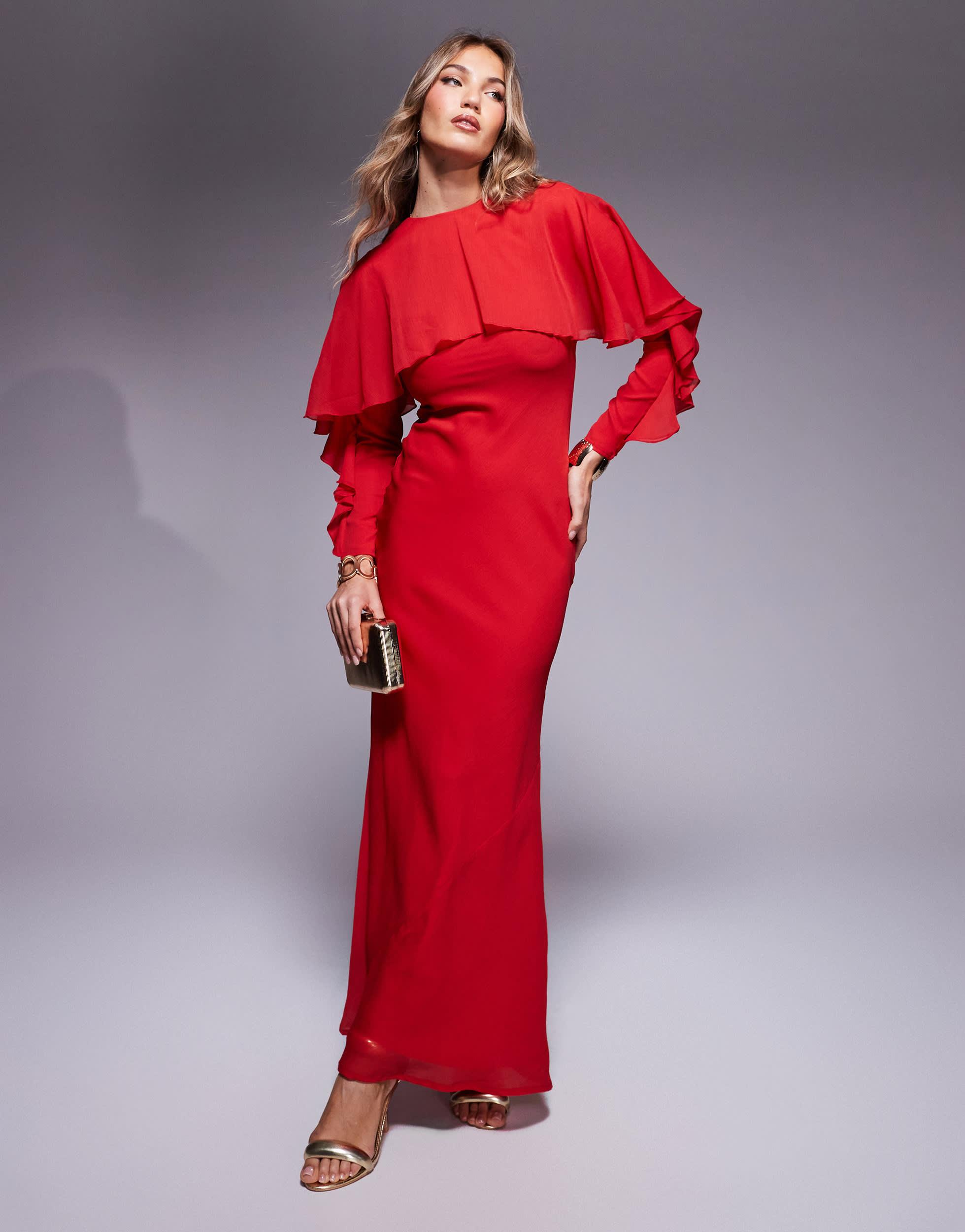 ASOS Long Sleeve Ruffle Bias Maxi Dress With Cape Detail in Red | Lyst ASOS Long Sleeve Ruffle Bias Maxi Dress With Cape Detail in Red | Lyst