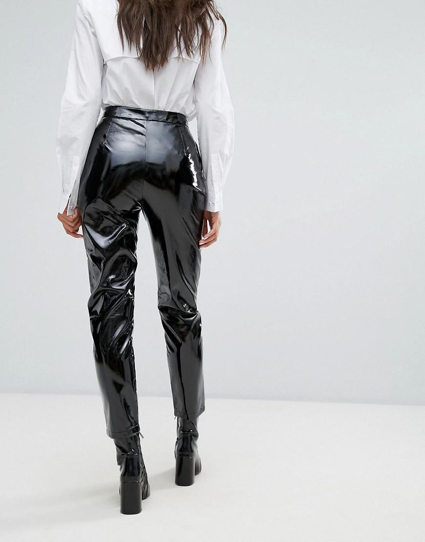 black vinyl high waisted trousers