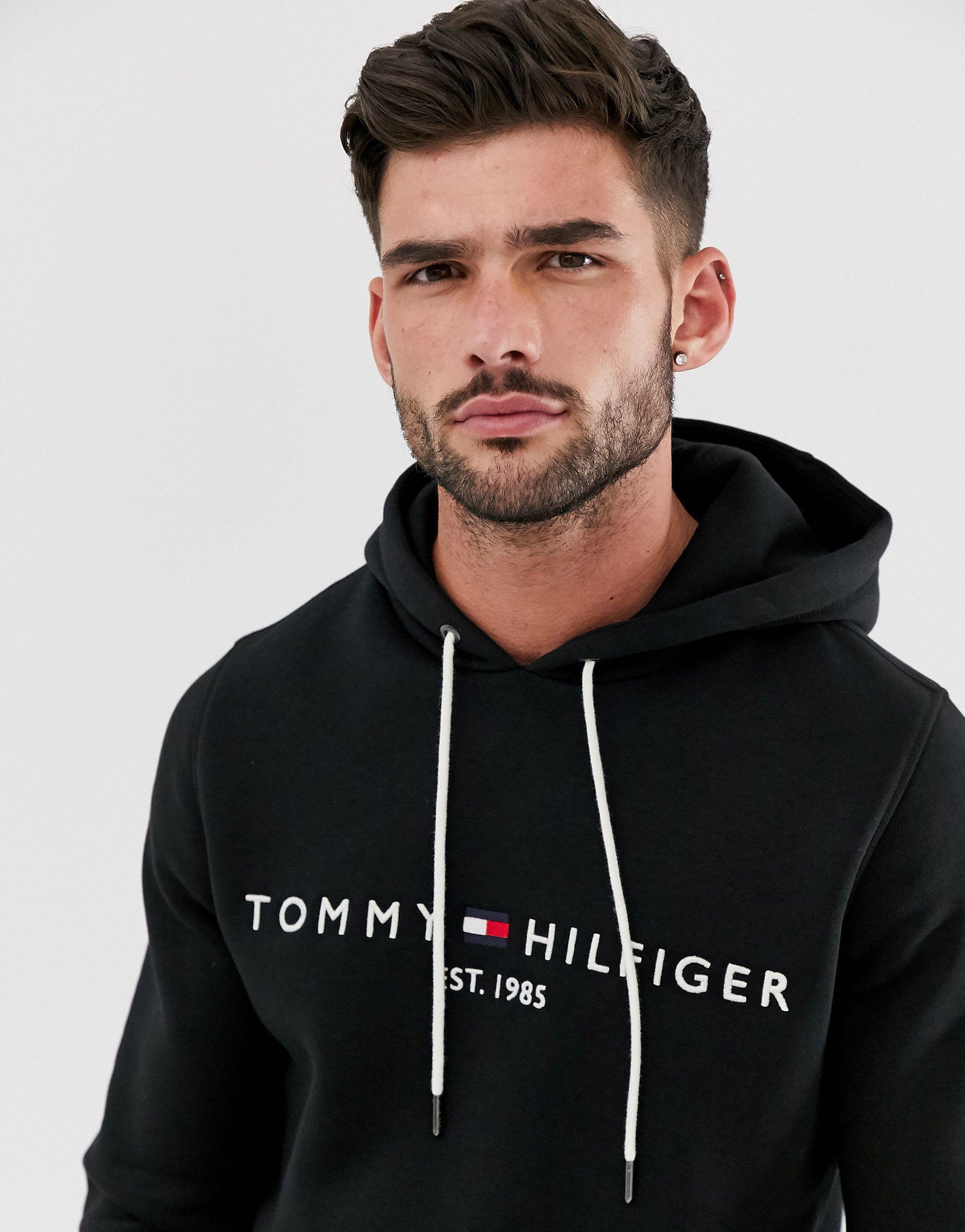 Tommy Hilfiger Cotton Embroidered Flag Logo Hoodie in Black for Men - Lyst
