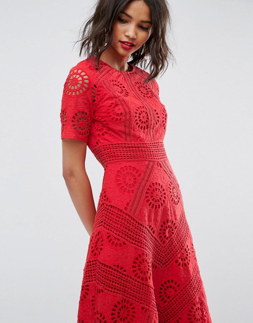 ASOS Premium Midi Dress In Broderie Fabric in Red | Lyst