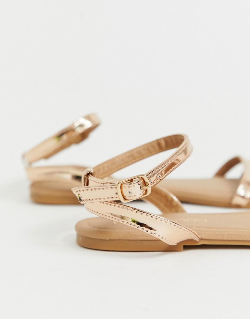 Boohoo Denim Strappy Flat Sandals With Ankle Strap In Rose Gold in Pink -  Lyst