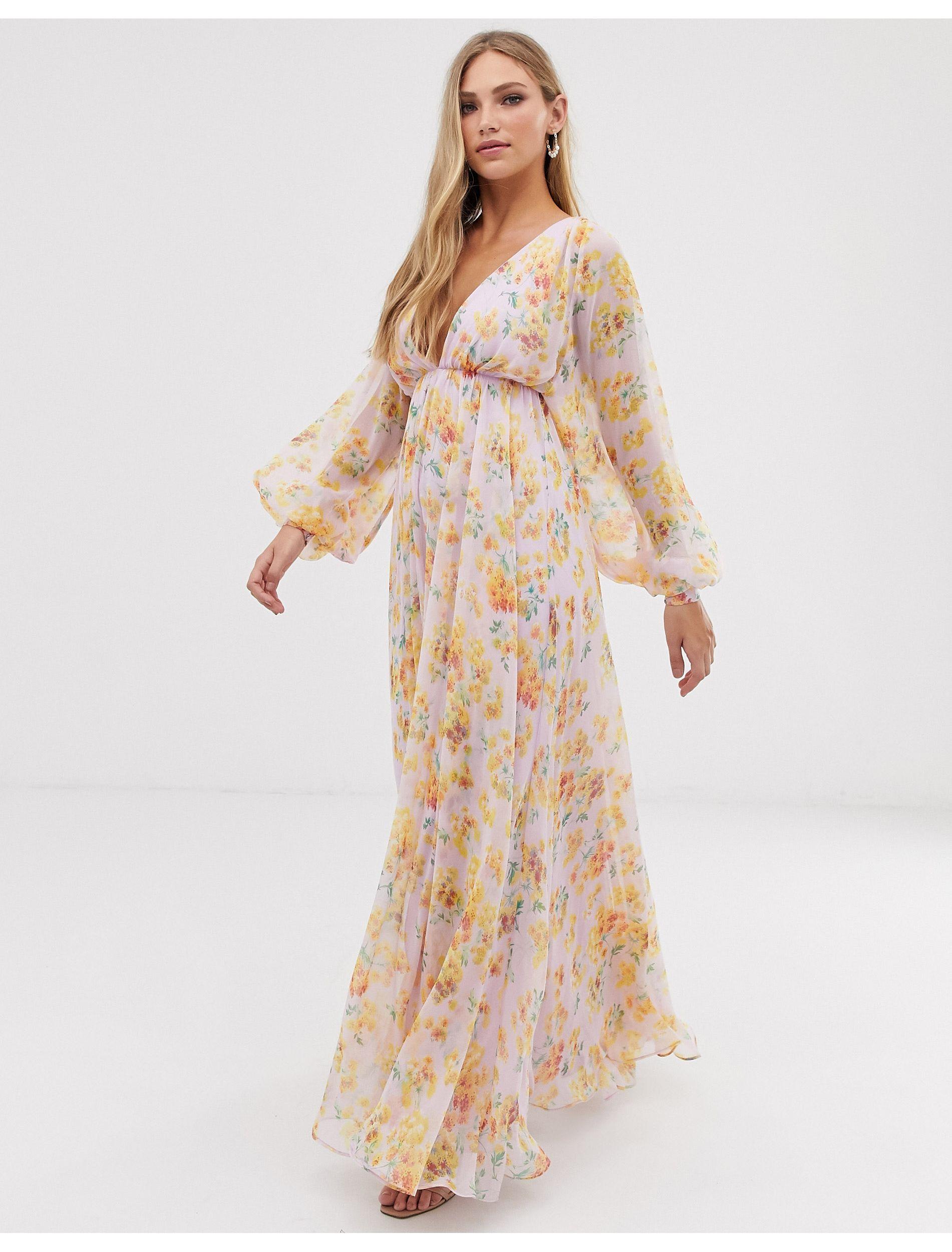 Vestido largo con manga estilo blusón y estampado floral delicado ASOS de  Tejido sintético | Lyst