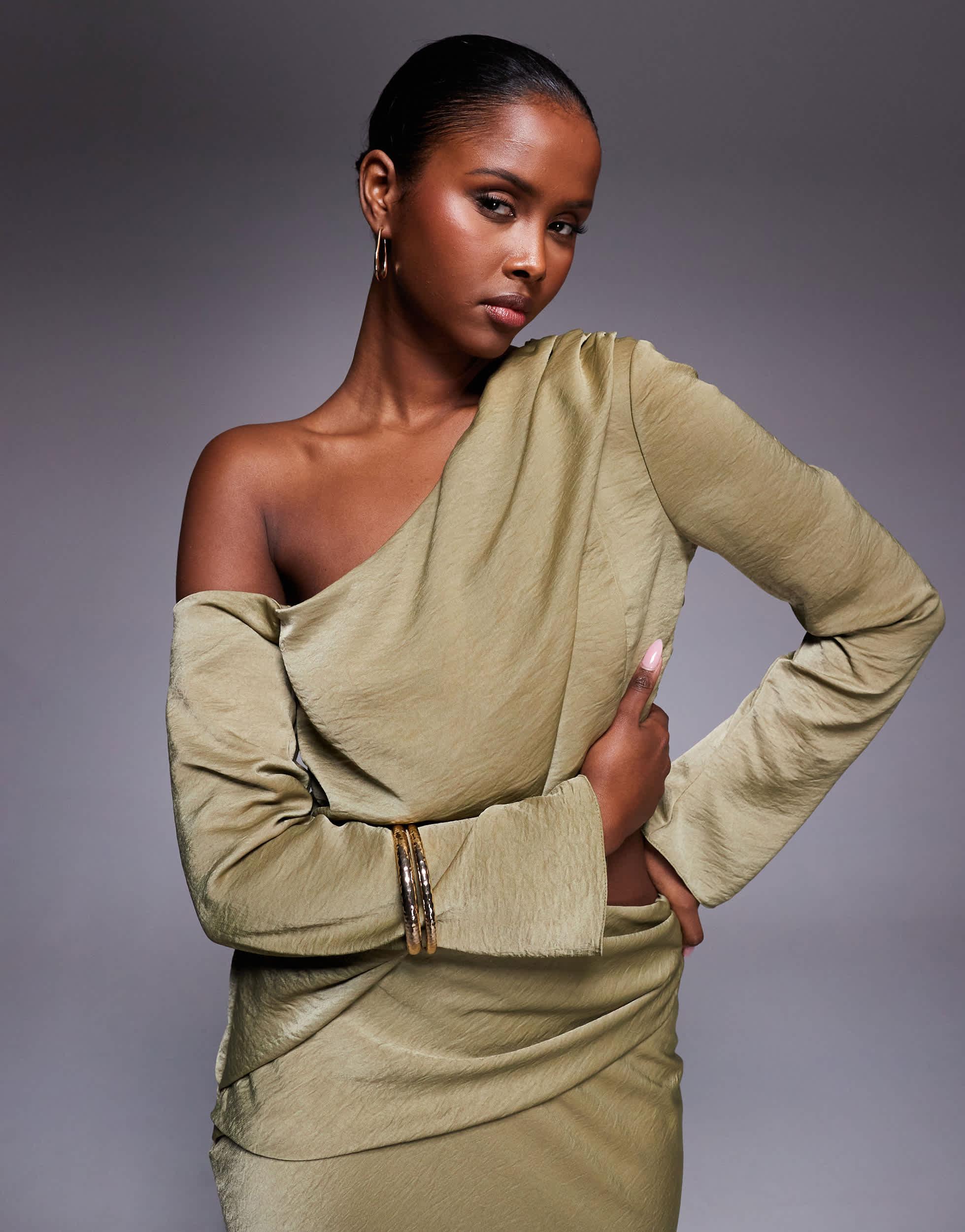 slim fit dress slacks Sage Green Formal Dress Satin Split Off The Shoulder main image 0