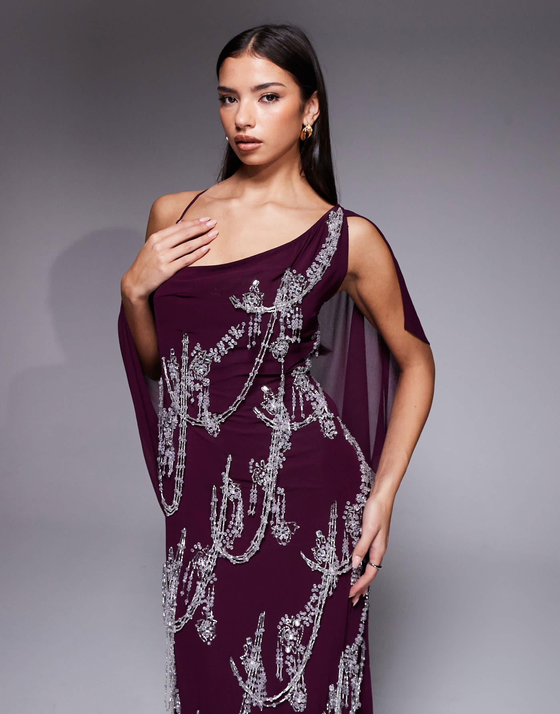 asos design fringe cowl halter maxi dress in purple ARRANGE Fringe Texture Halter Neck Scoop Back Maxi Dress in Purple