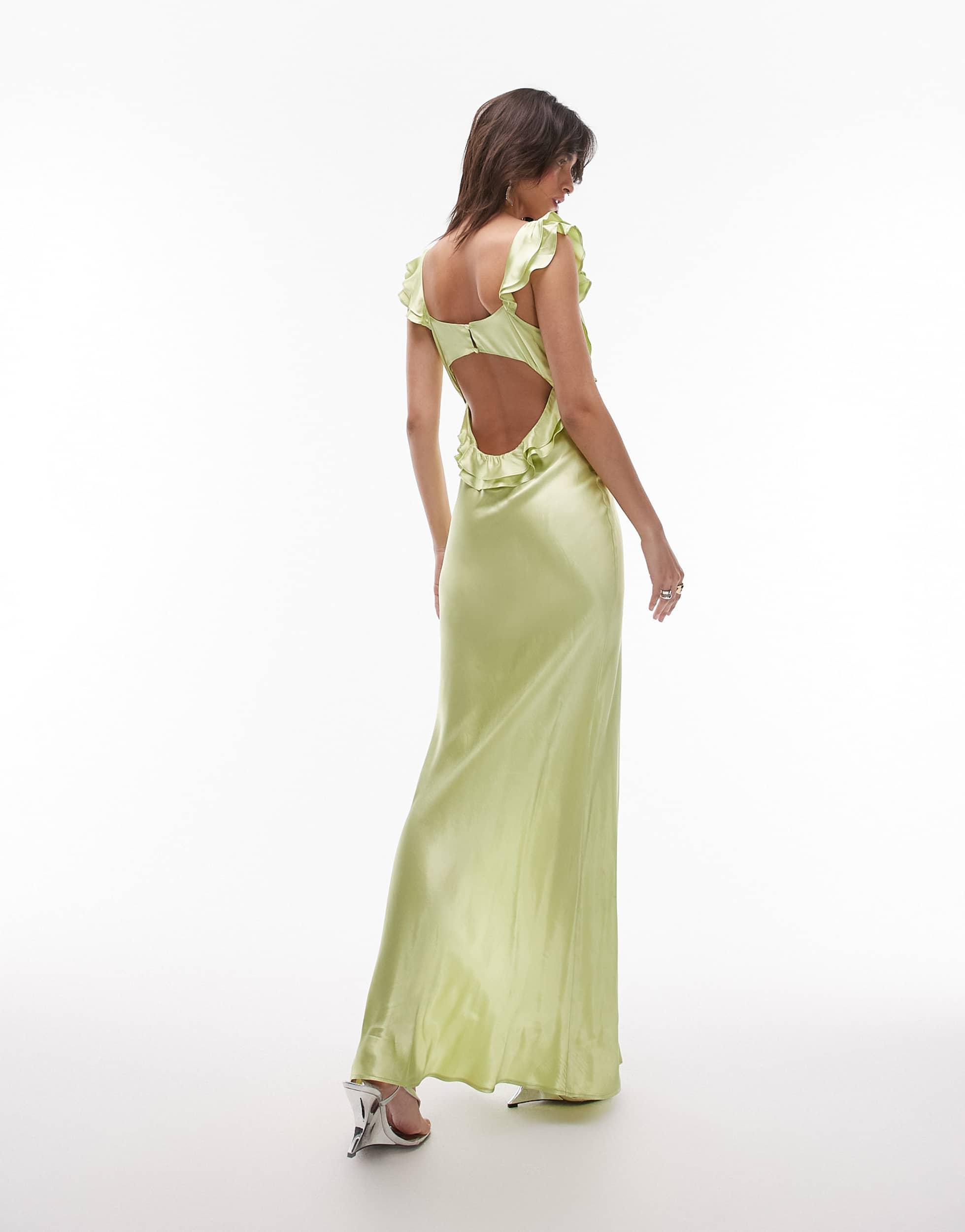 TOPSHOP Ruffle Shoulder Satin Slip Dress in Green | Lyst