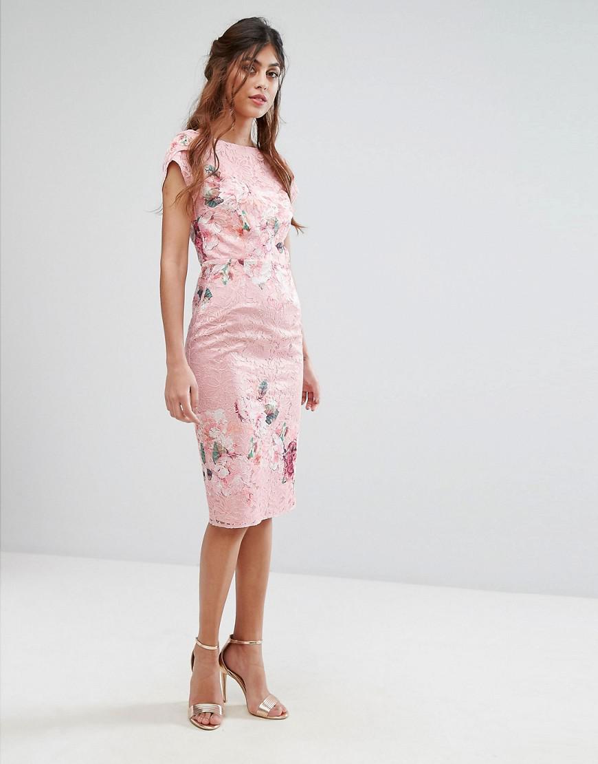 Little Mistress Lace Midi Pencil Dress In Floral in Pink | Lyst