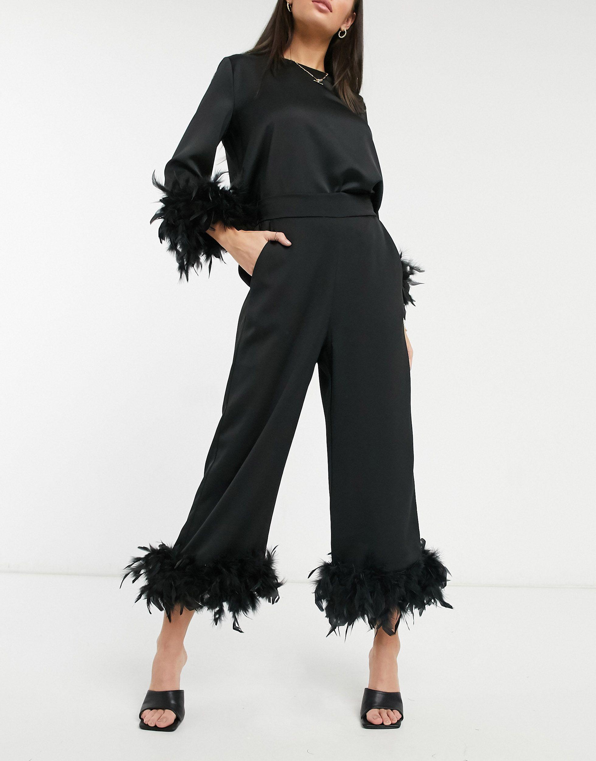 River Island Feather Hem Co-ord Trouser in Black | Lyst