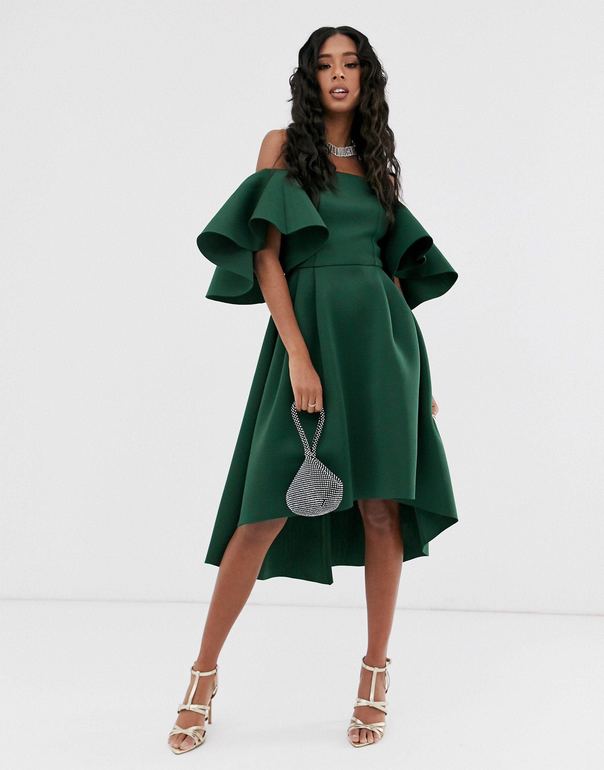 ASOS Flutter Sleeve Bandeau Midi Prom Dress in Green | Lyst