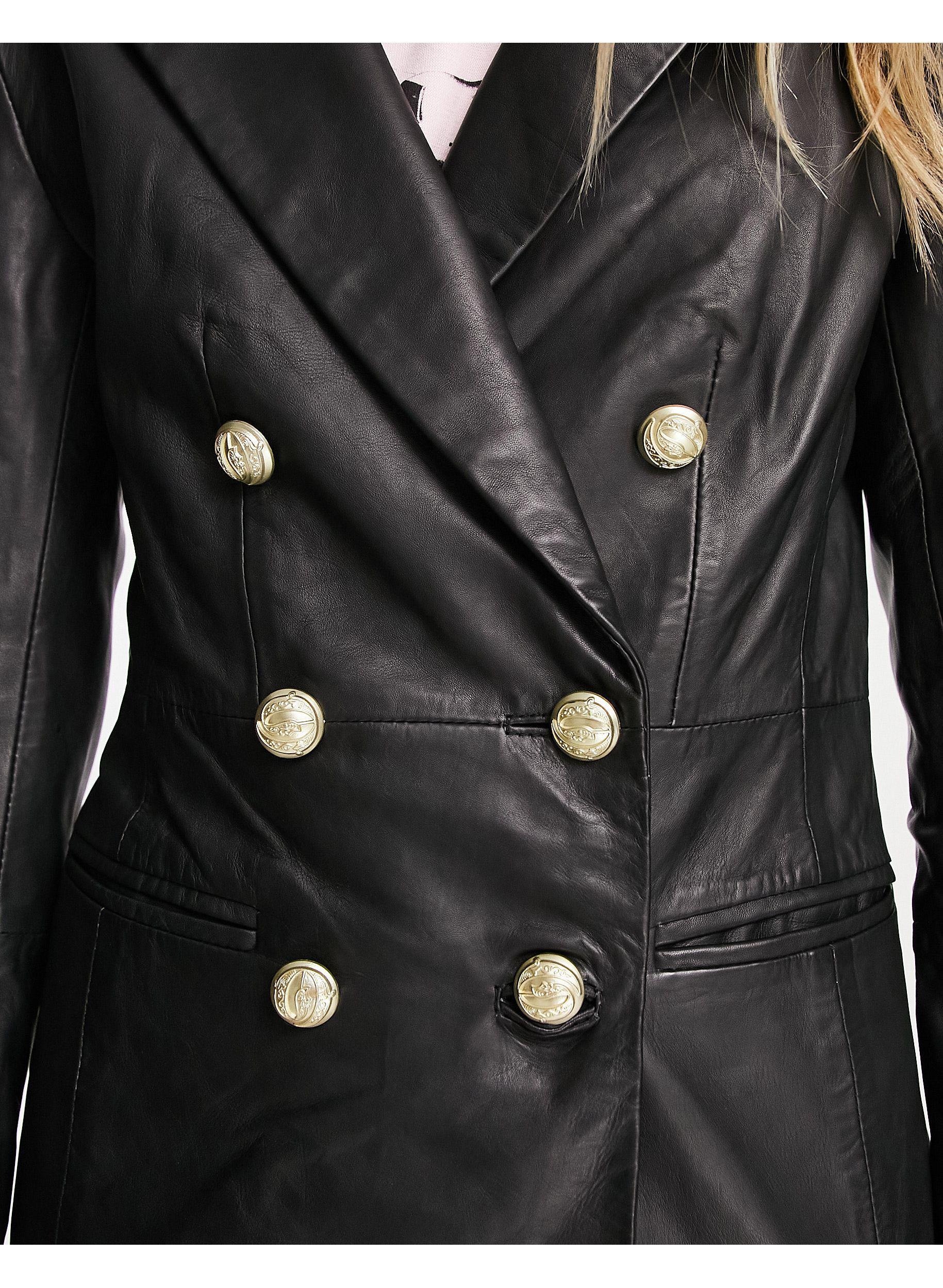 Urbancode Real Leather Longline Blazer With Gold Buttons in Black | Lyst UK