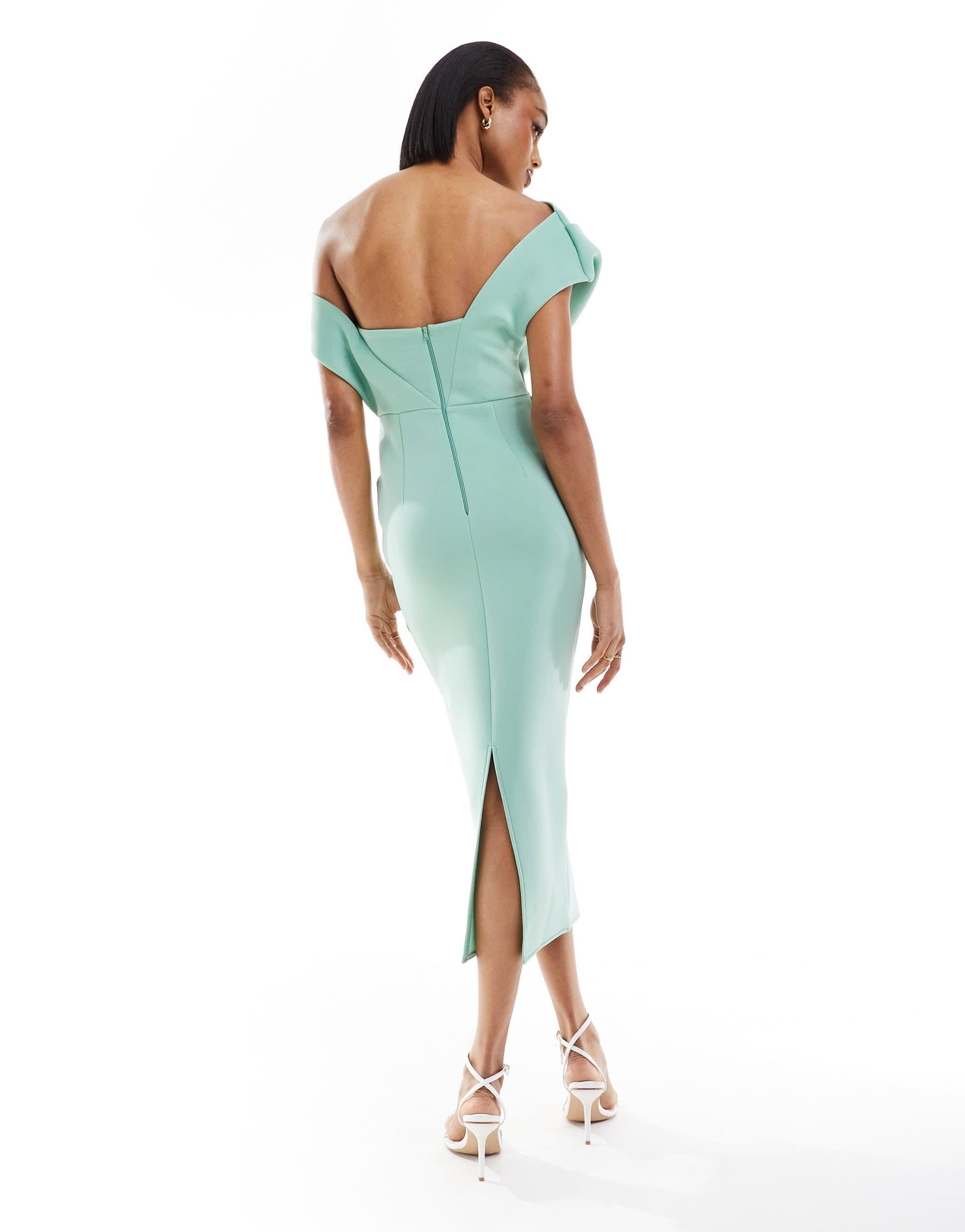 knee length dresses for ladies Rent ASOS DESIGN Pleat Plunge Neck Midi Dress With Elasticated Straps And  Back In Apple Green