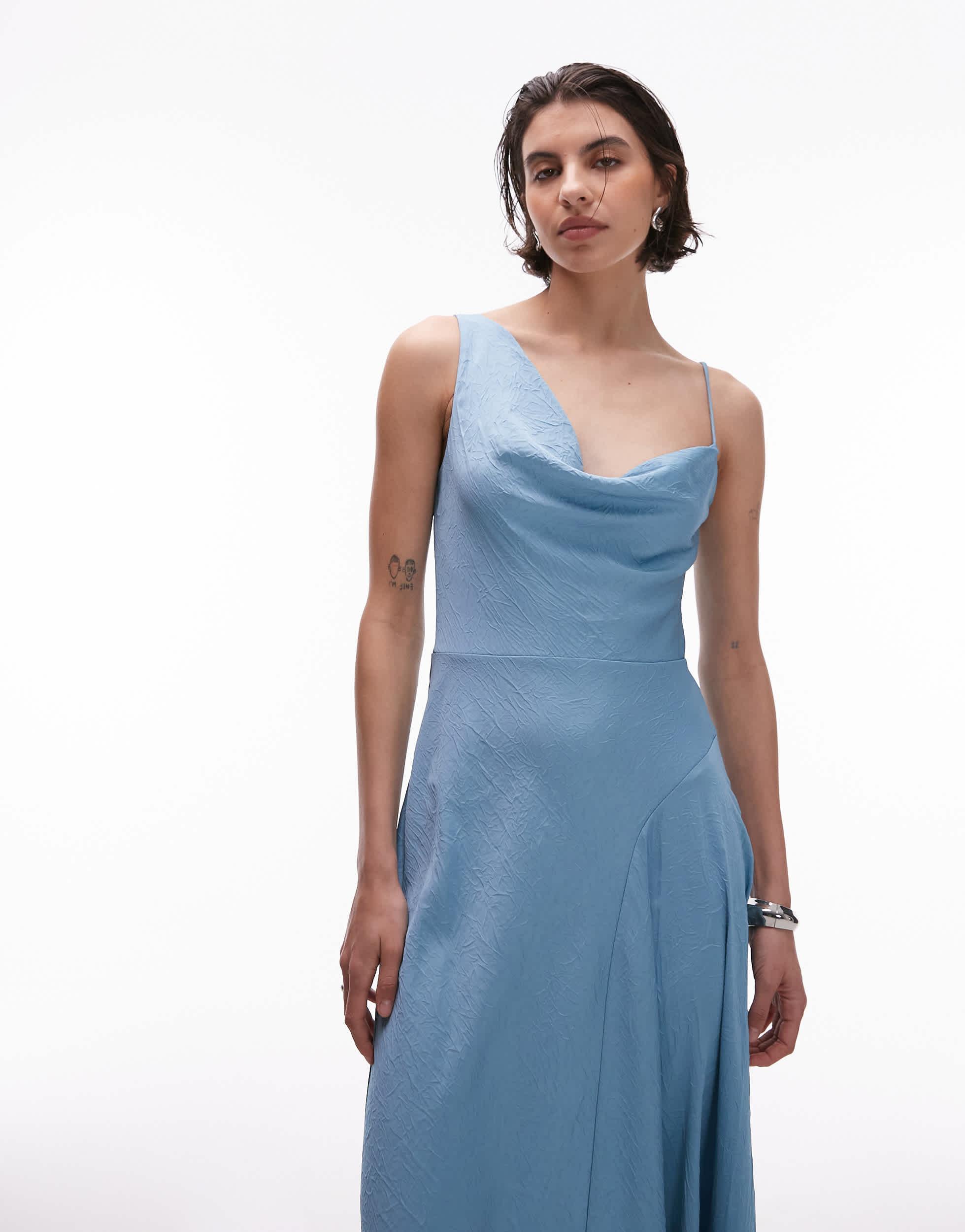 mango one shoulder blue dress Mango Safira One-Shoulder Side Ruched Satin Dress in Blue
