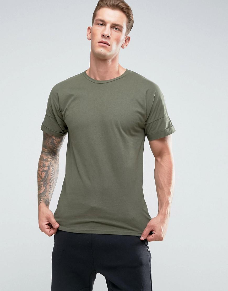 Pull&Bear Longline T-shirt In Khaki Green for Men | Lyst