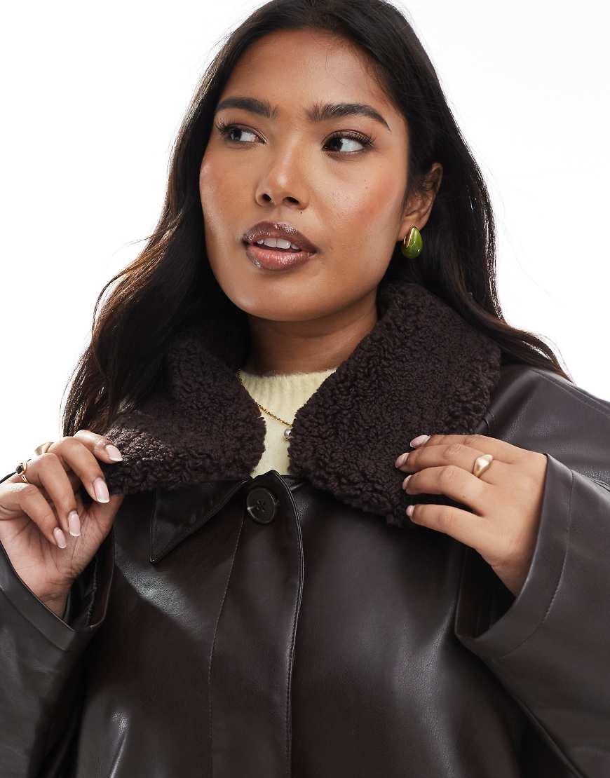 ASOS Asos Design Curve Leather Look Jacket With Borg Collar And