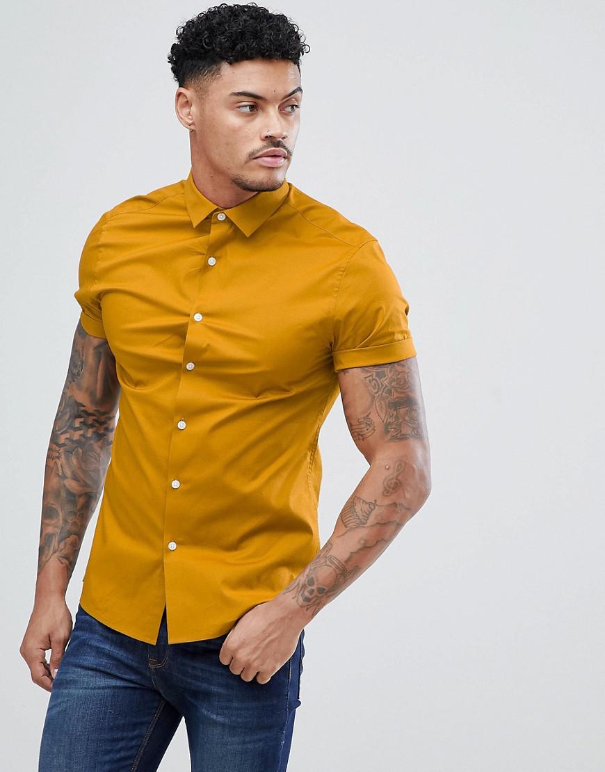 ASOS Skinny Shirt In Mustard With Short Sleeves in Yellow for Men | Lyst UK