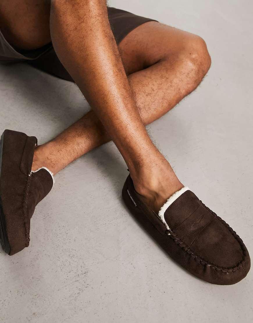 French Connection Mocassin Faux Fur Line Slippers in Brown for Men