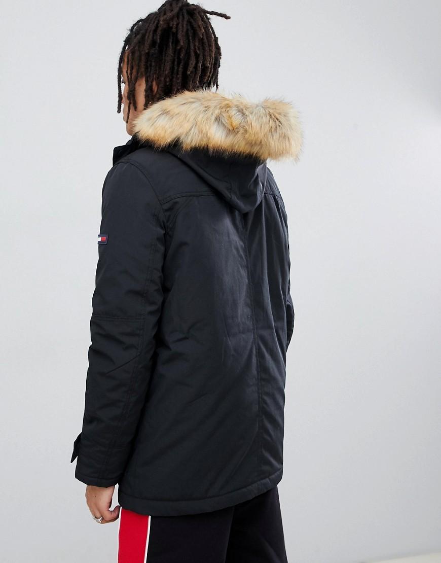 tommy jeans technical quilted parka faux fur trim hood in black