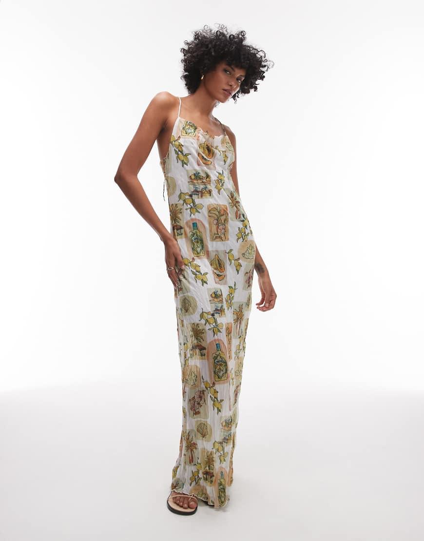 Vestido Largo Con Cuello Desbocado Y Estampado Floral Y Postales