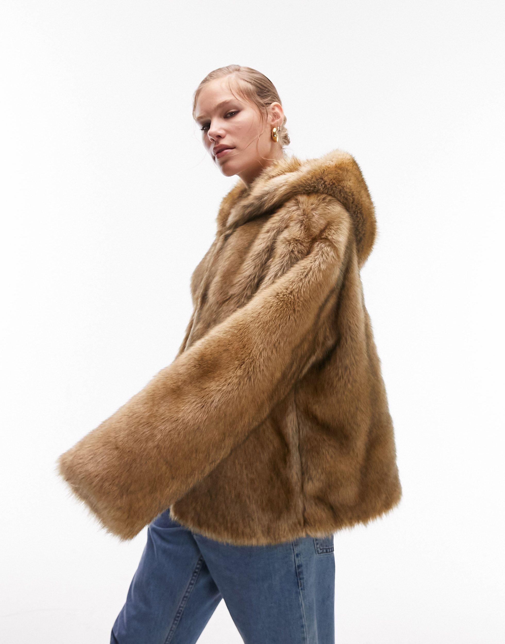 TOPSHOP Hooded Faux Fur Coat in Brown | Lyst