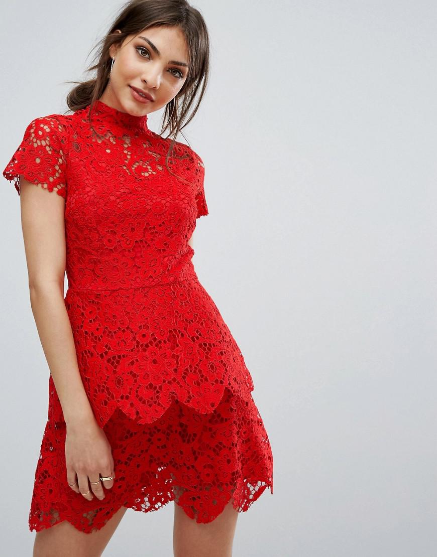 Missguided High Neck Double Layer Lace Dress in Red